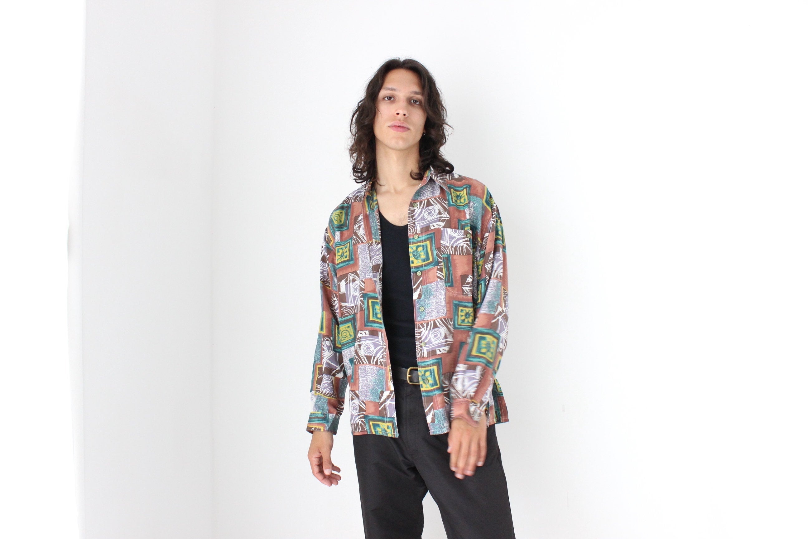 80s PURE SILK Funky Printed Long Sleeve Shirt