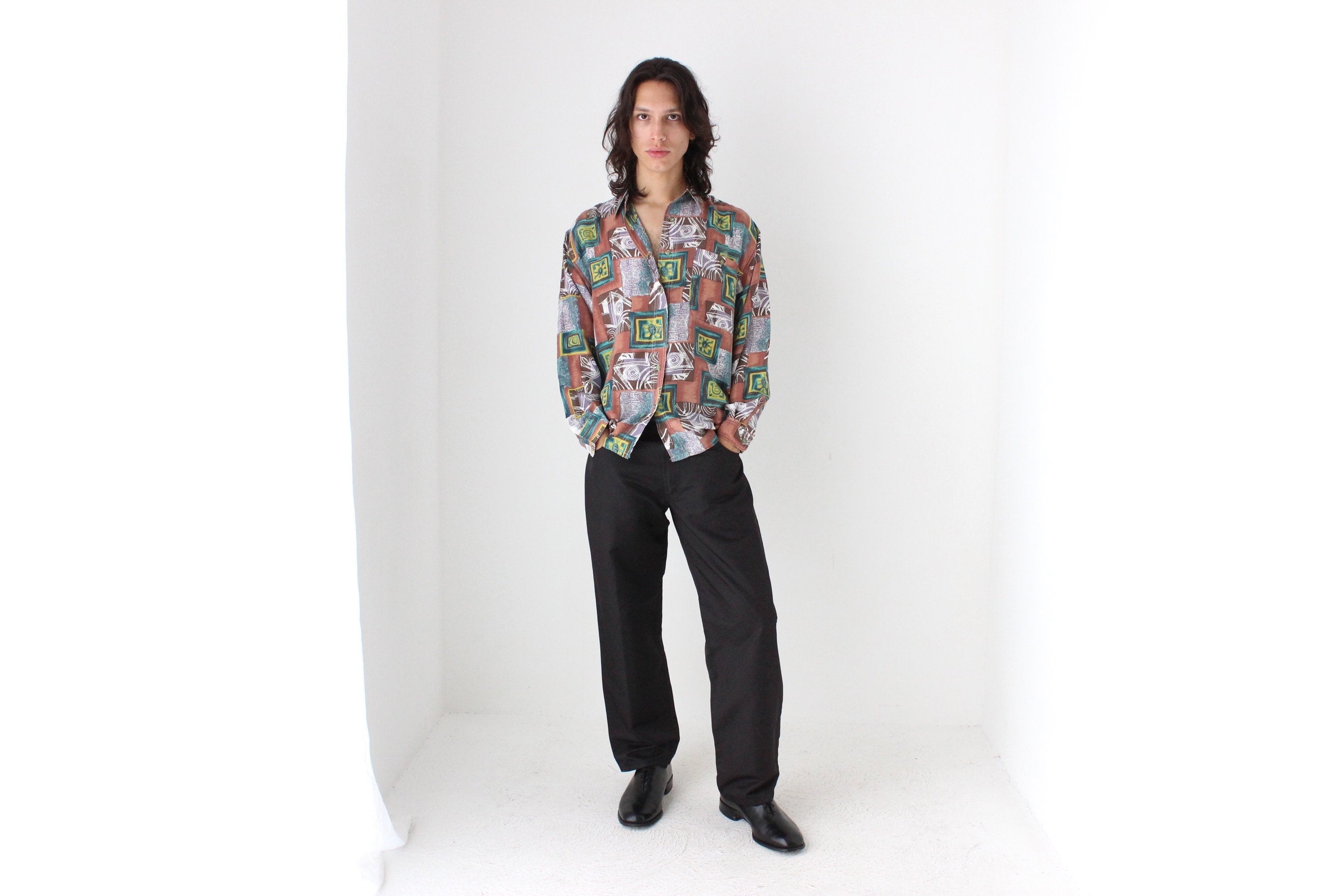 80s PURE SILK Funky Printed Long Sleeve Shirt