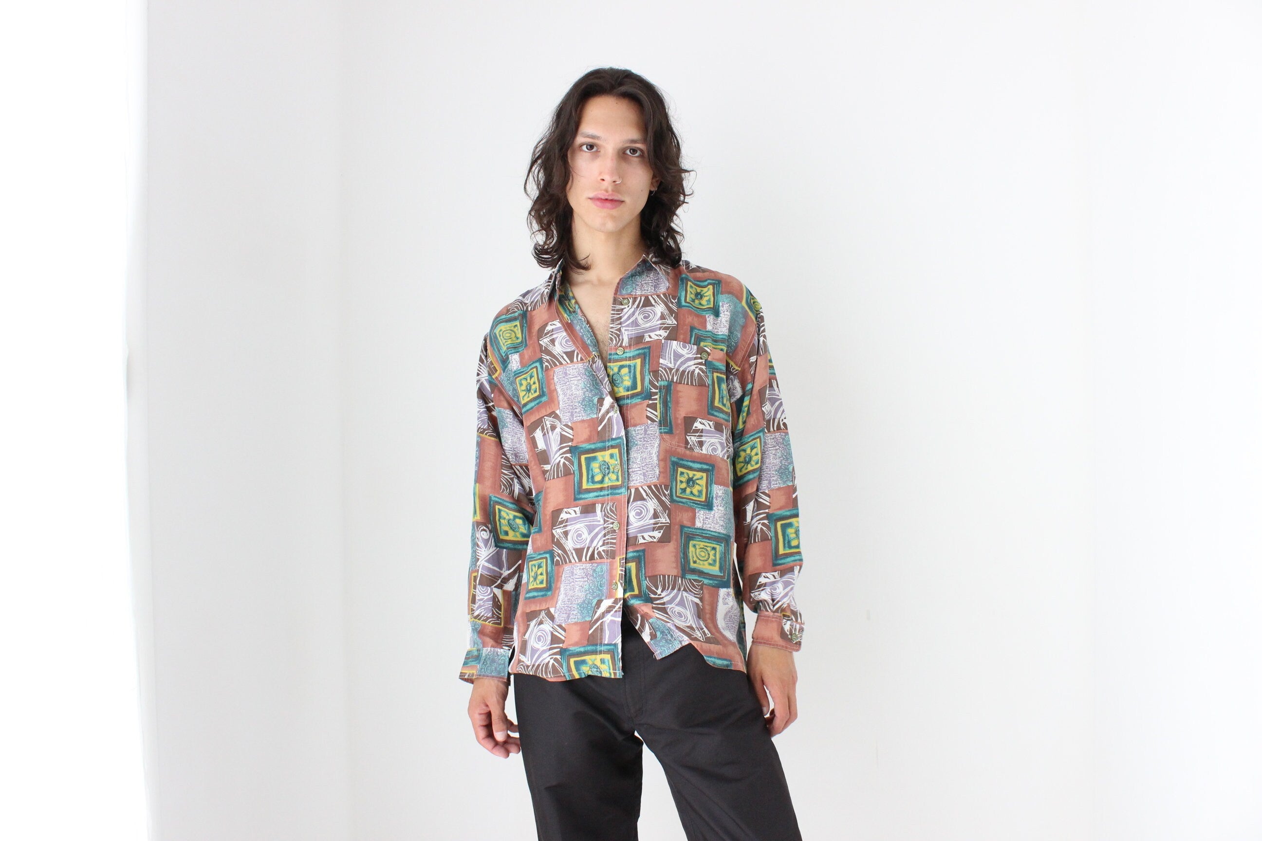 80s PURE SILK Funky Printed Long Sleeve Shirt