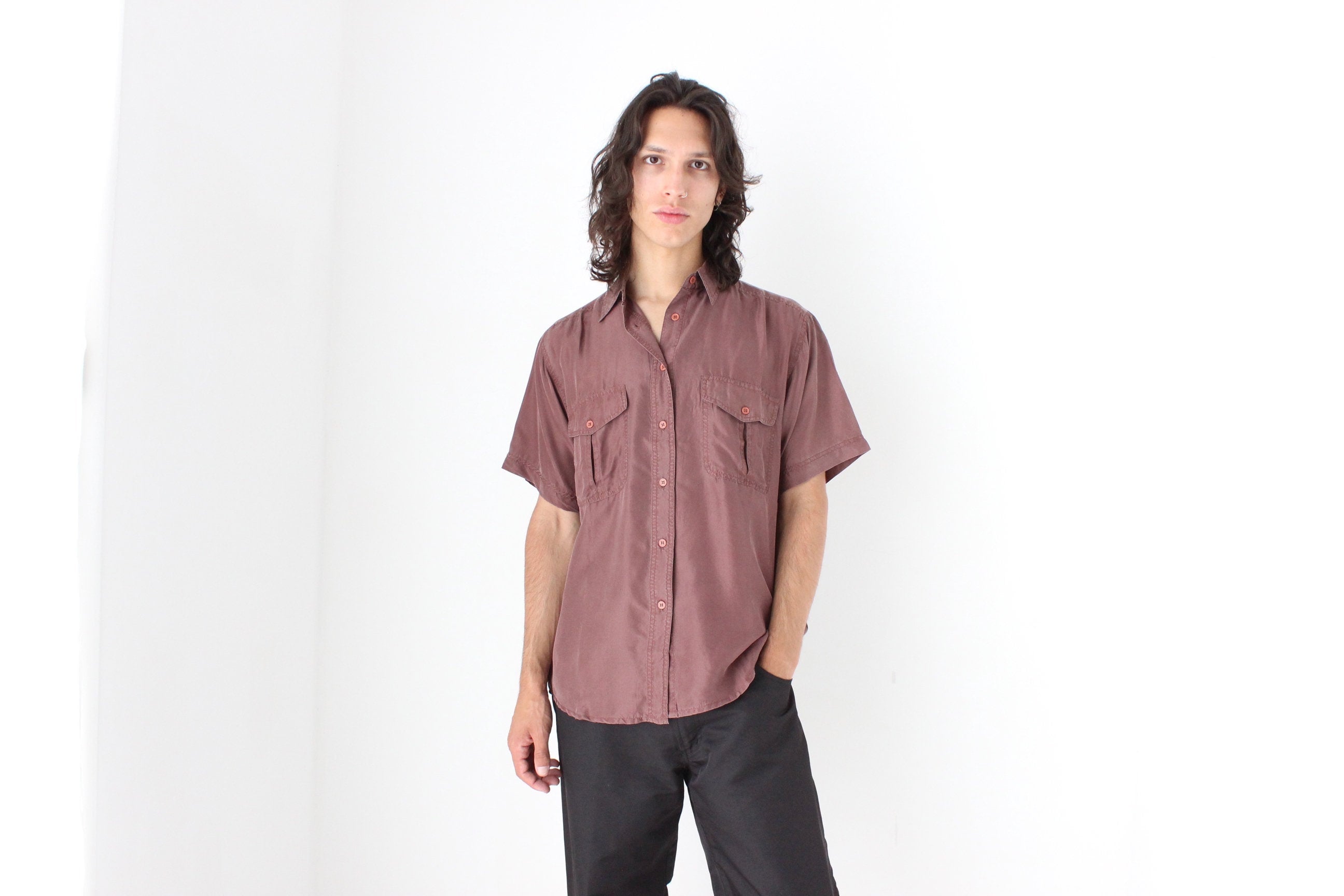 80s MATTE SILK Boxy Double Pocket Shirt in Mauve