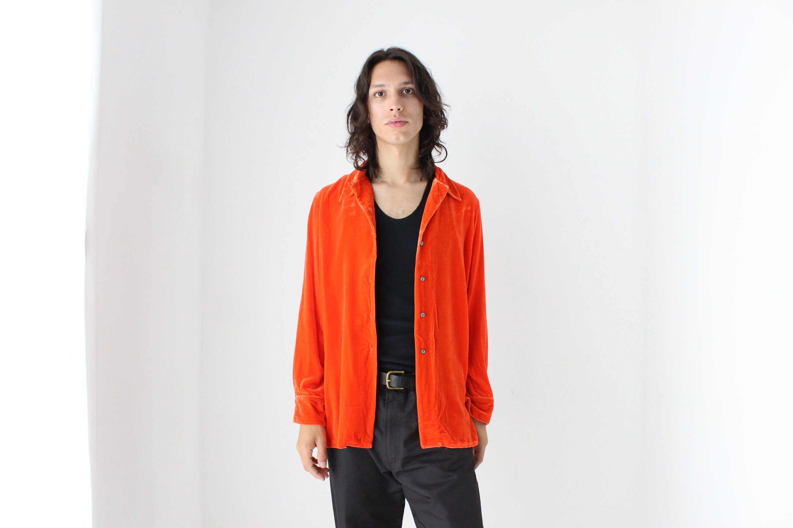 90s Acid Orange PURE SILK VELVET Long Sleeve Frontman Shirt