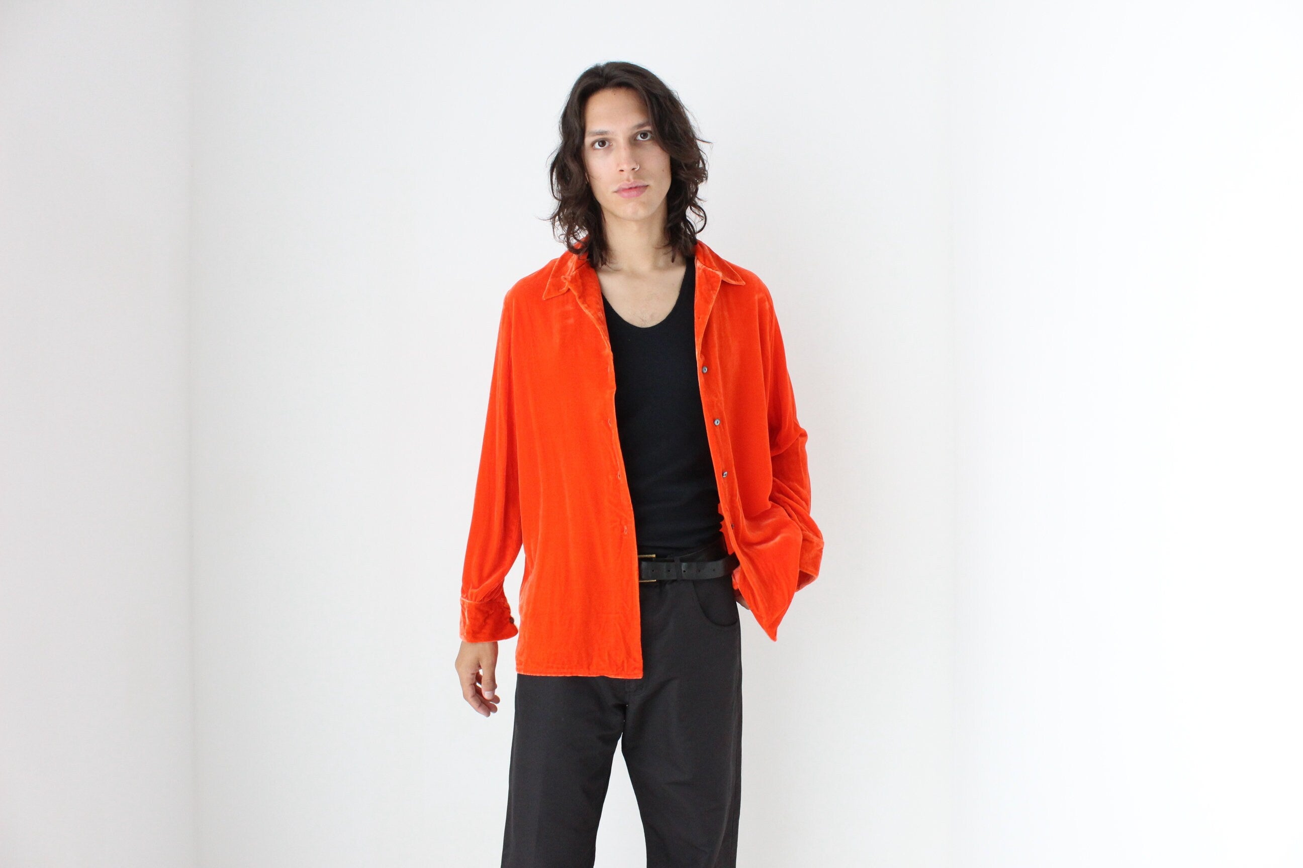 90s Acid Orange PURE SILK VELVET Long Sleeve Frontman Shirt