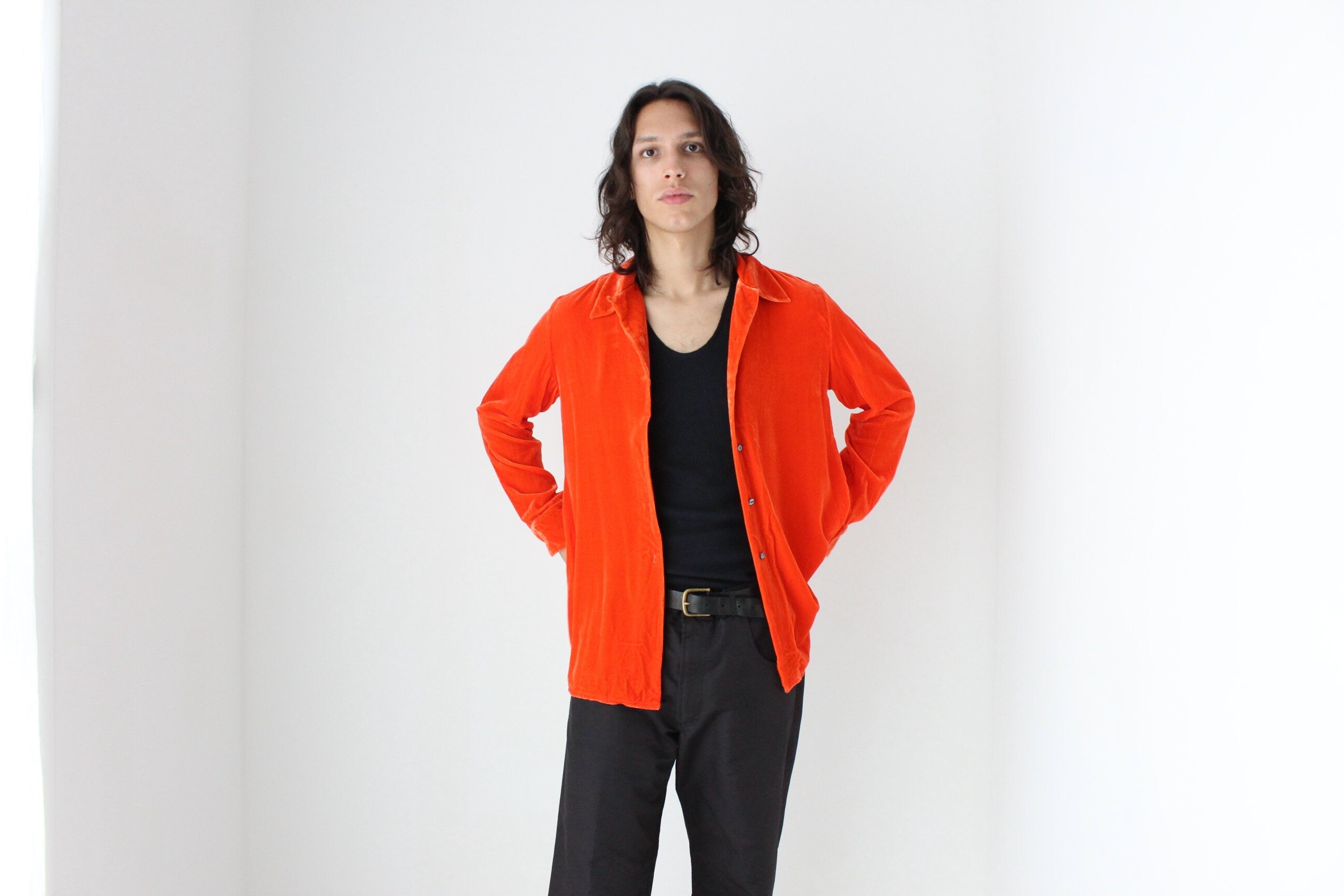 90s Acid Orange PURE SILK VELVET Long Sleeve Frontman Shirt