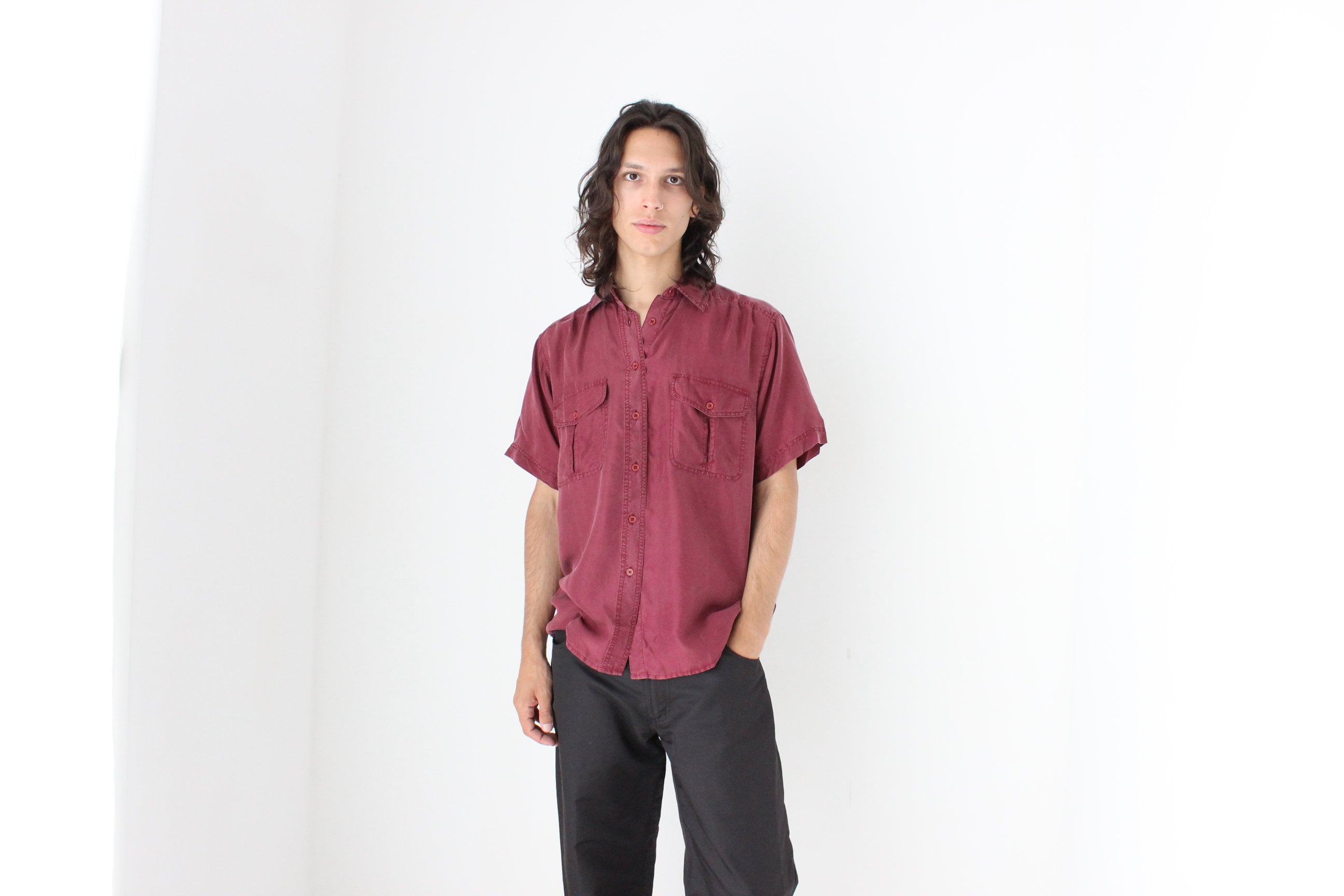 80s MATTE SILK Boxy Double Pocket Shirt in Burgundy