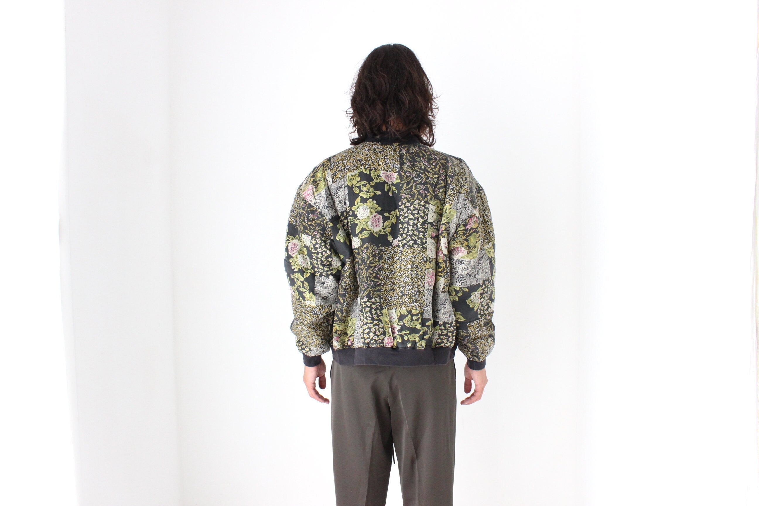 80s Pure Silk Floral Printed Quilted Bomber Jacket
