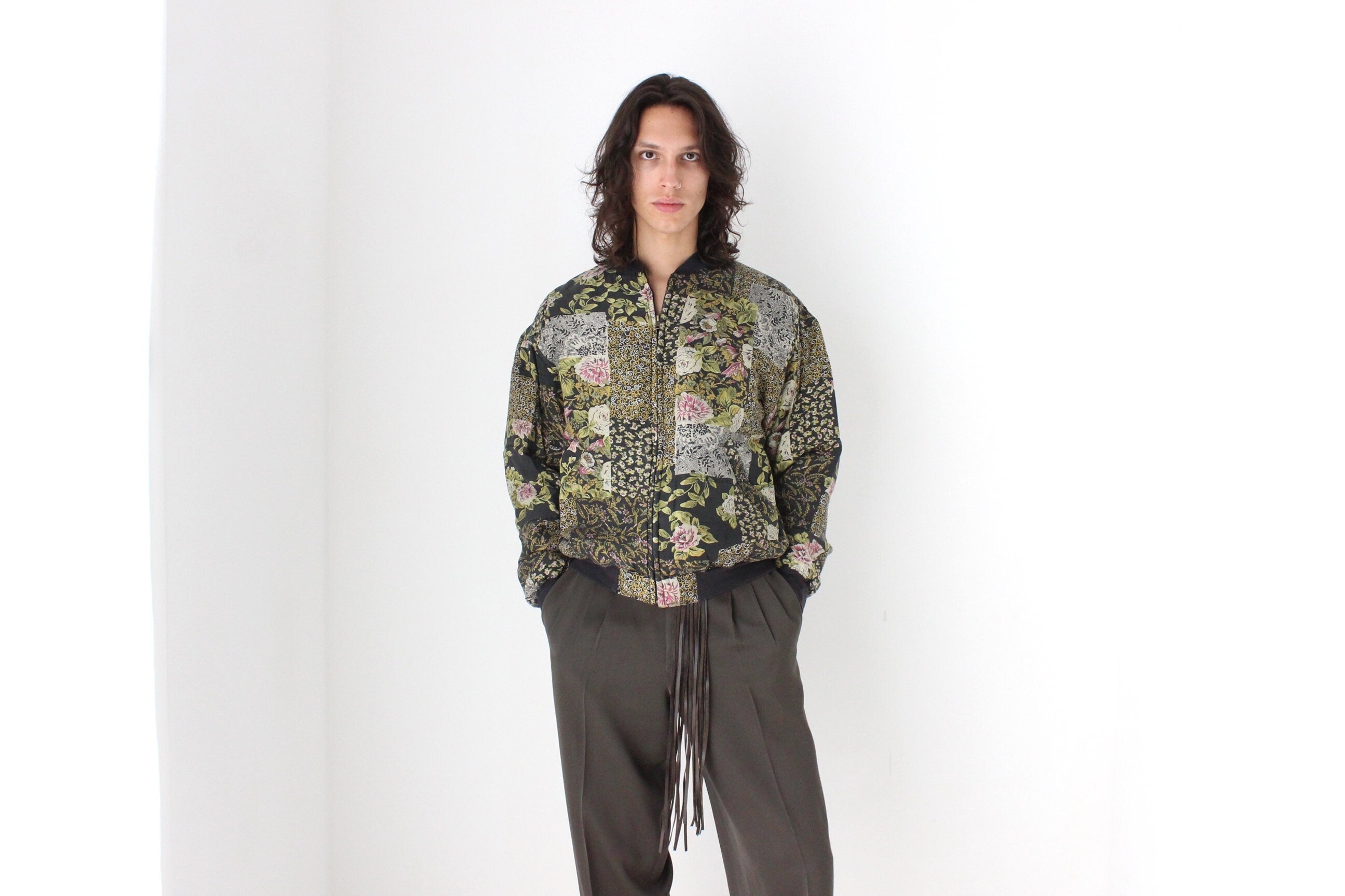 80s Pure Silk Floral Printed Quilted Bomber Jacket