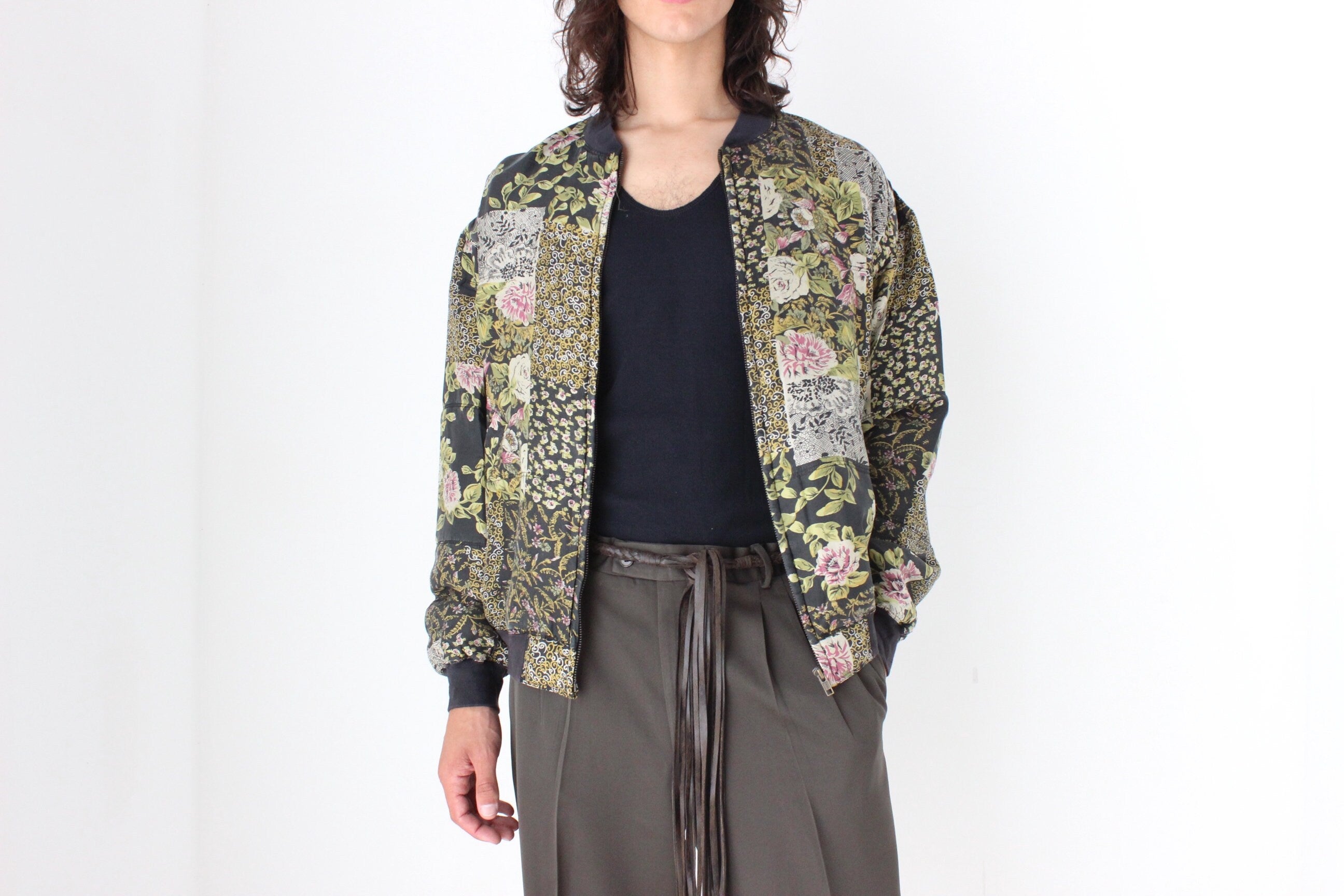 80s Pure Silk Floral Printed Quilted Bomber Jacket