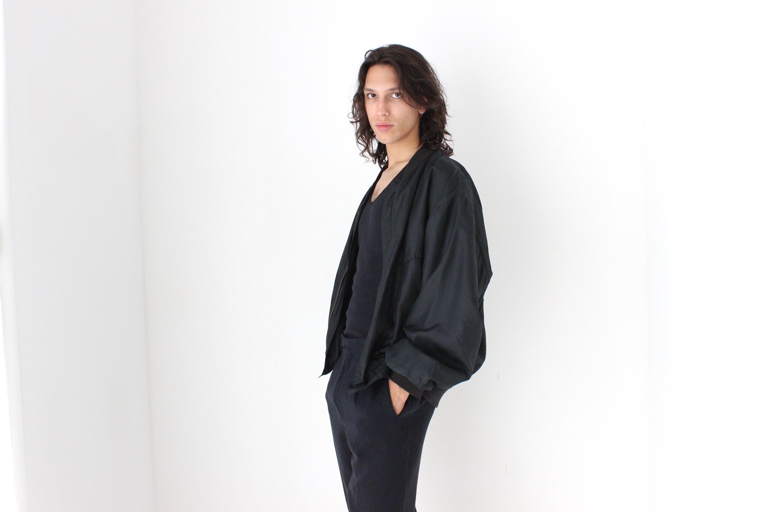 Perfect 80s Pure Silk Minimal Black Classic Bomber