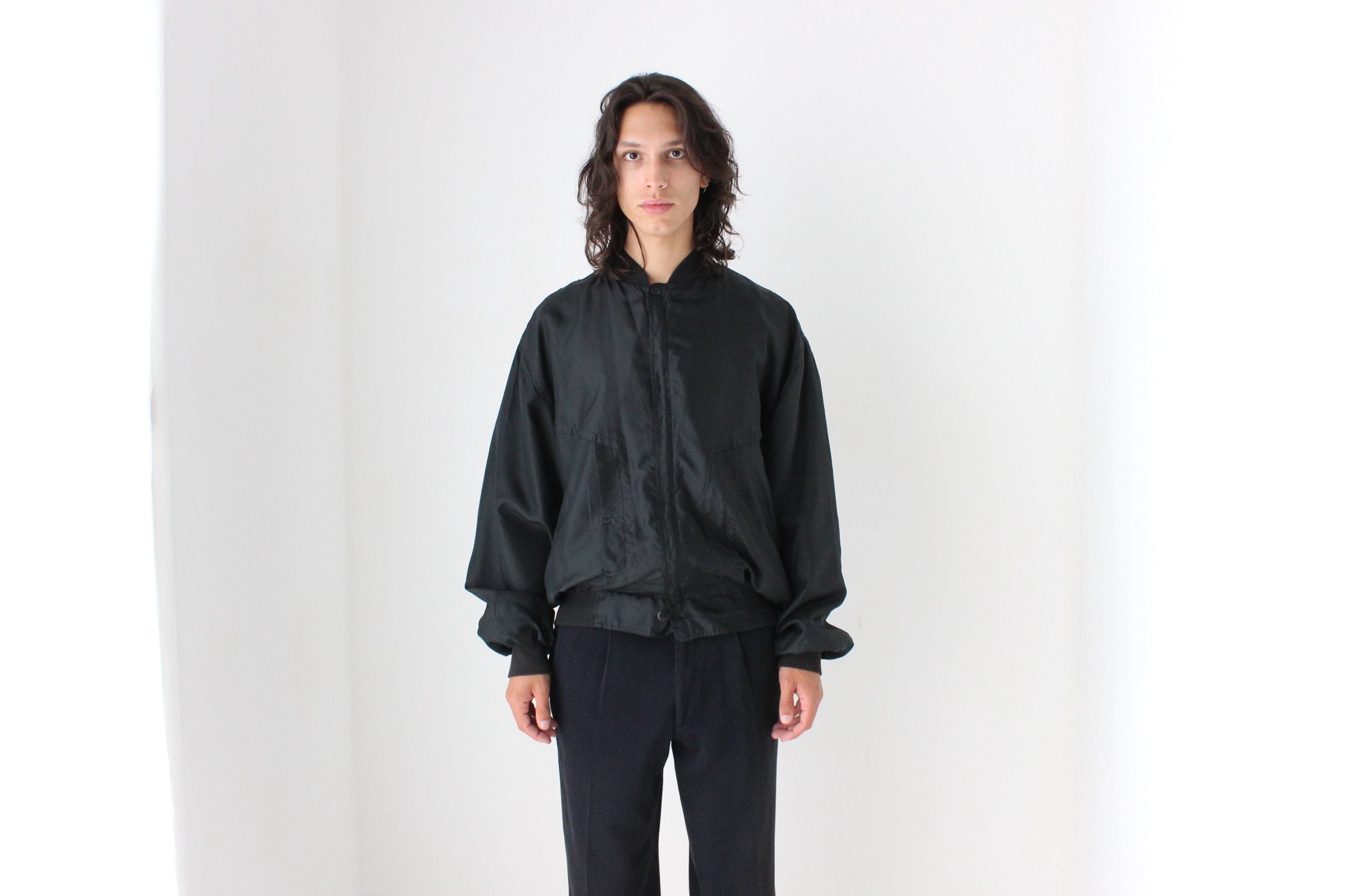 Perfect 80s Pure Silk Minimal Black Classic Bomber
