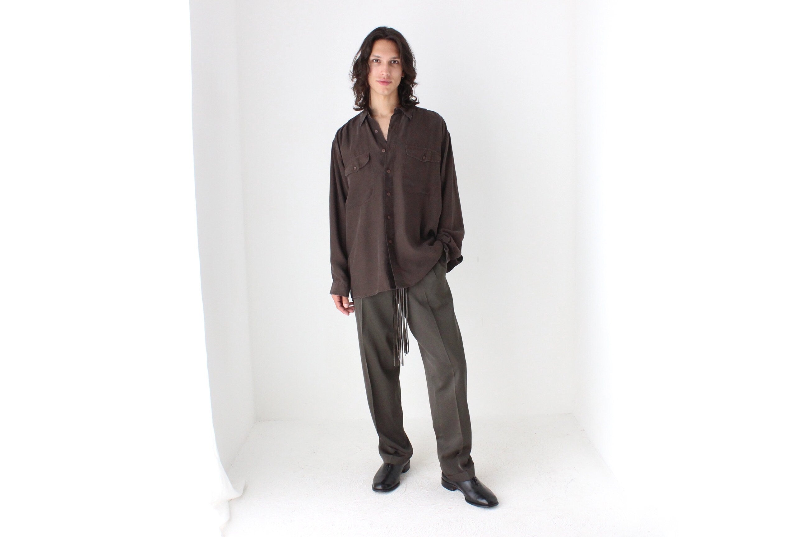 90s Textured Pure Silk Relaxed Shirt in Chocolate