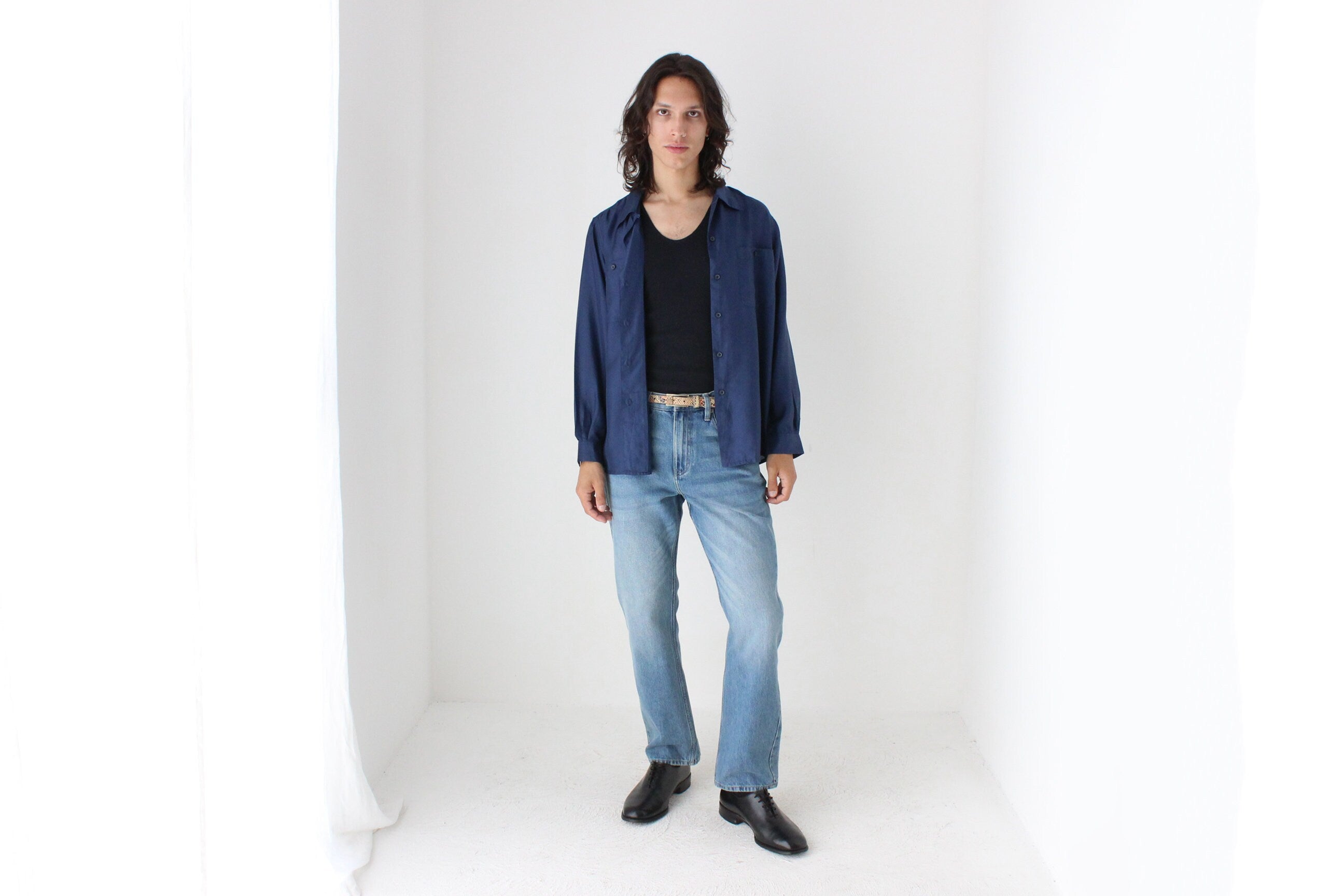 80s PURE SILK Double Pocket Long Sleeve Shirt in Navy