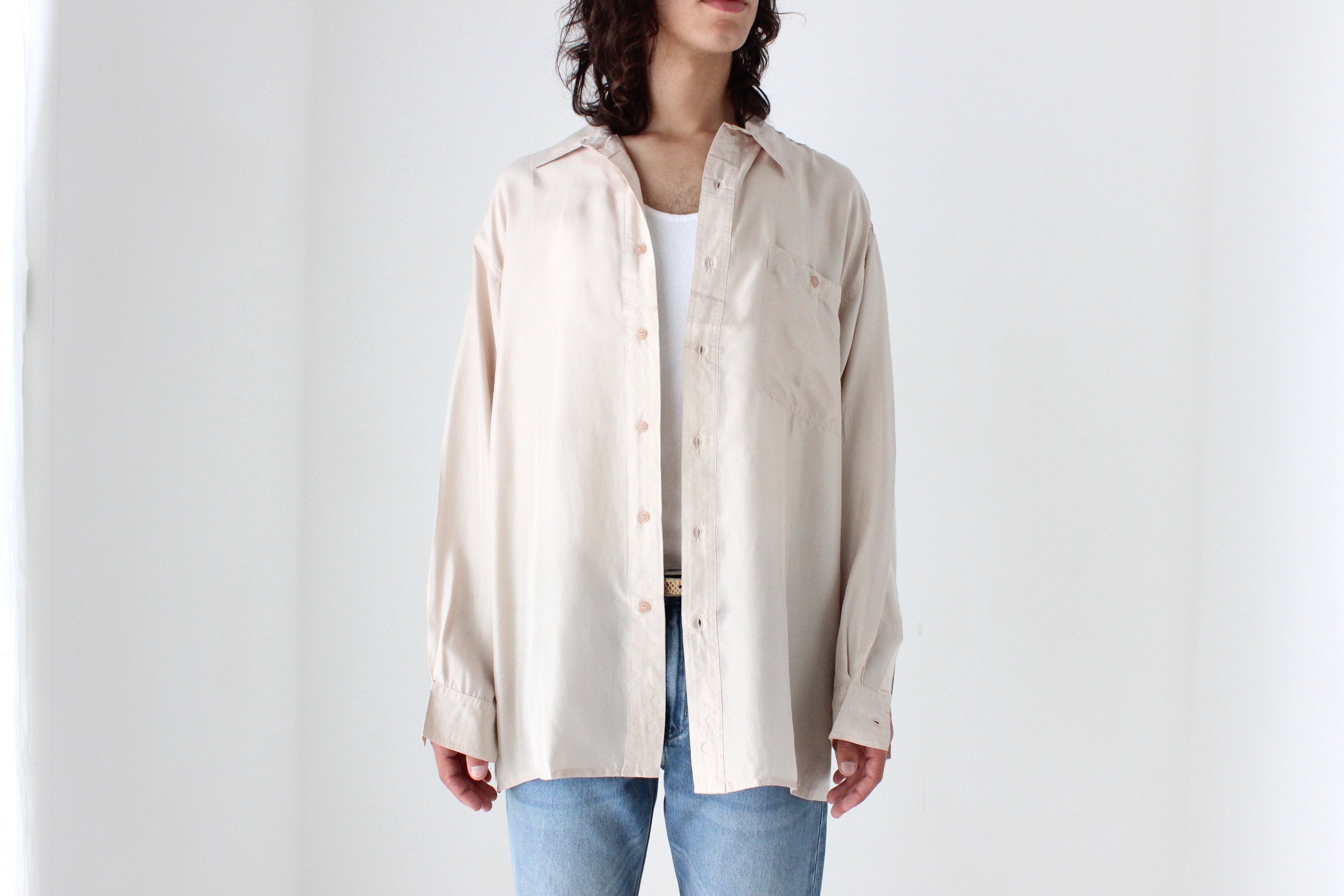 80s PURE SILK Relaxed Long Sleeve Shirt in Neutral Beige