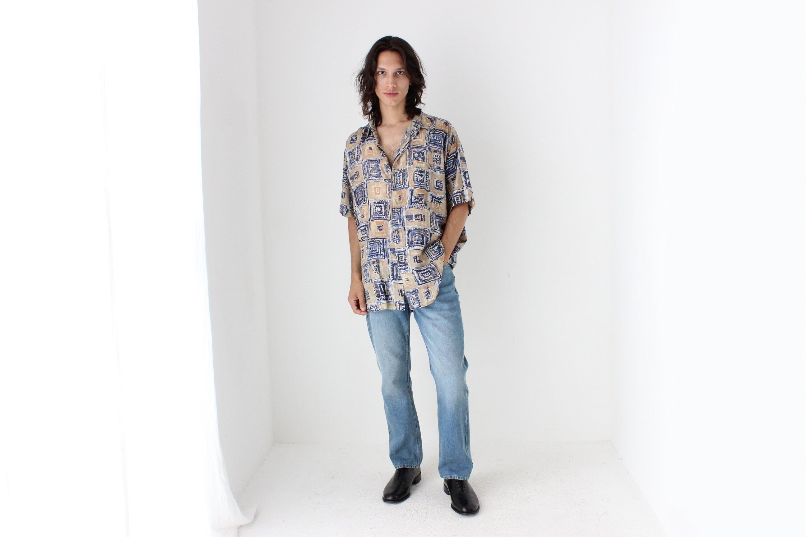 80s PURE SILK Neutral Abstract Print Boxy Shirt