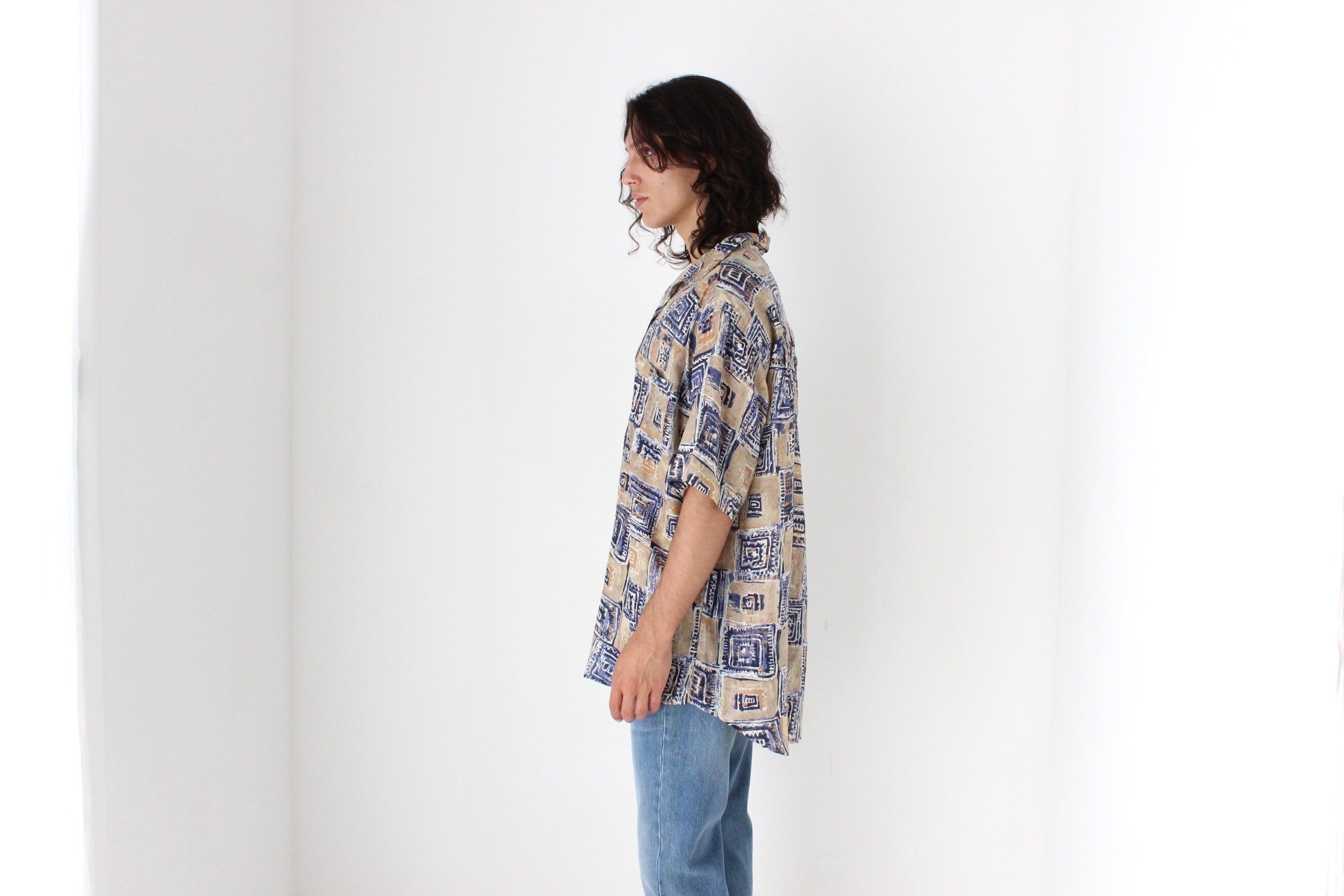 80s PURE SILK Neutral Abstract Print Boxy Shirt