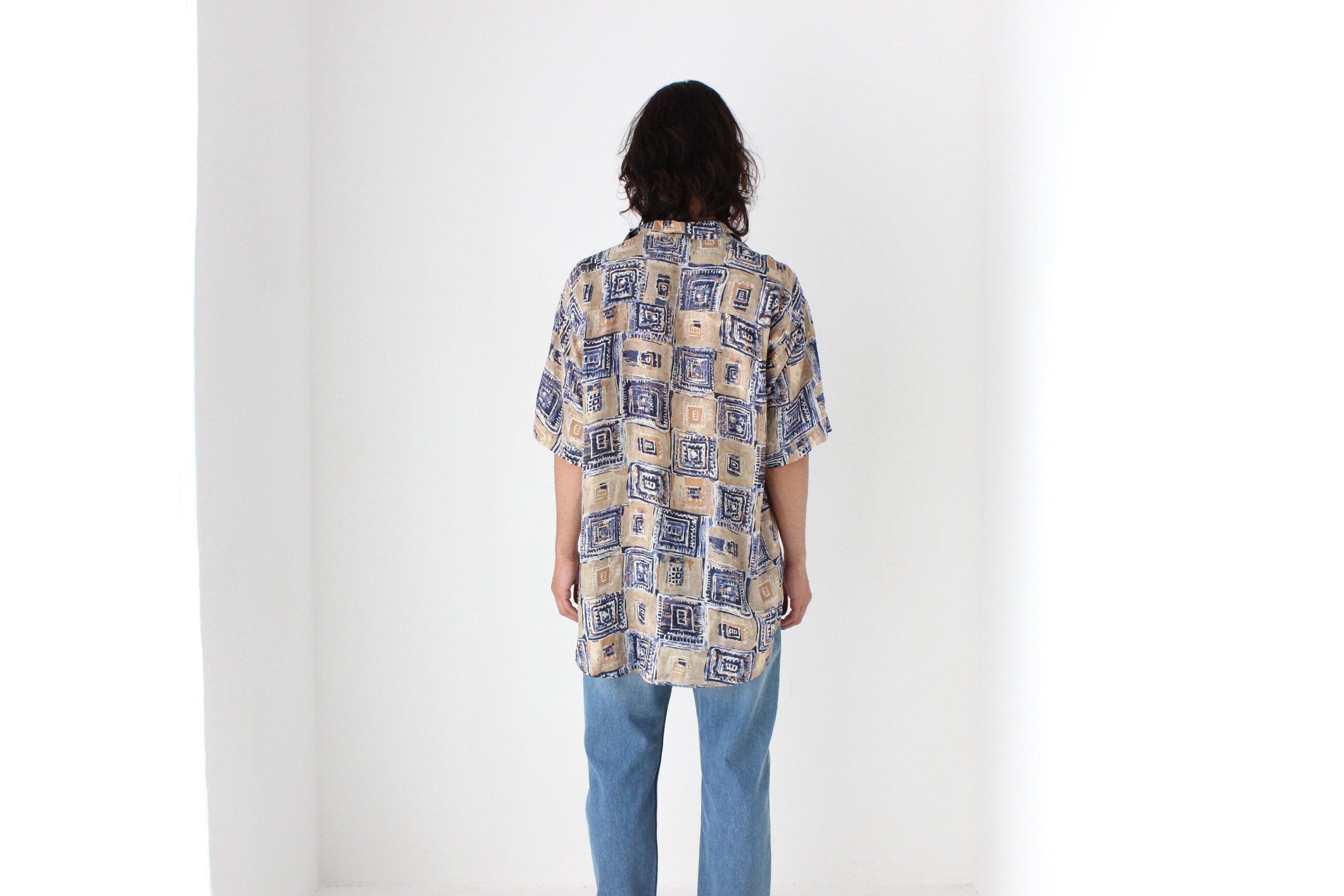 80s PURE SILK Neutral Abstract Print Boxy Shirt