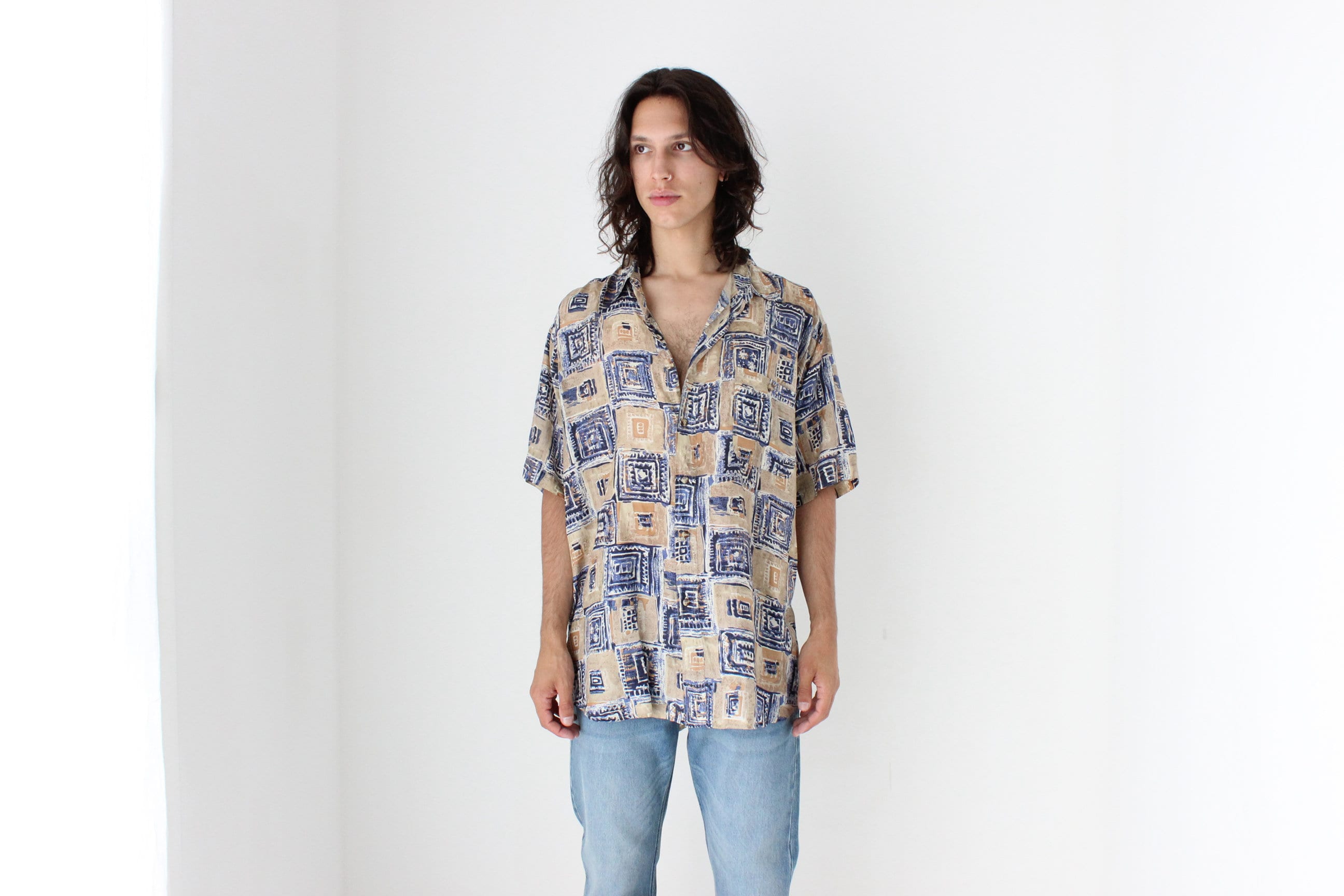80s PURE SILK Neutral Abstract Print Boxy Shirt