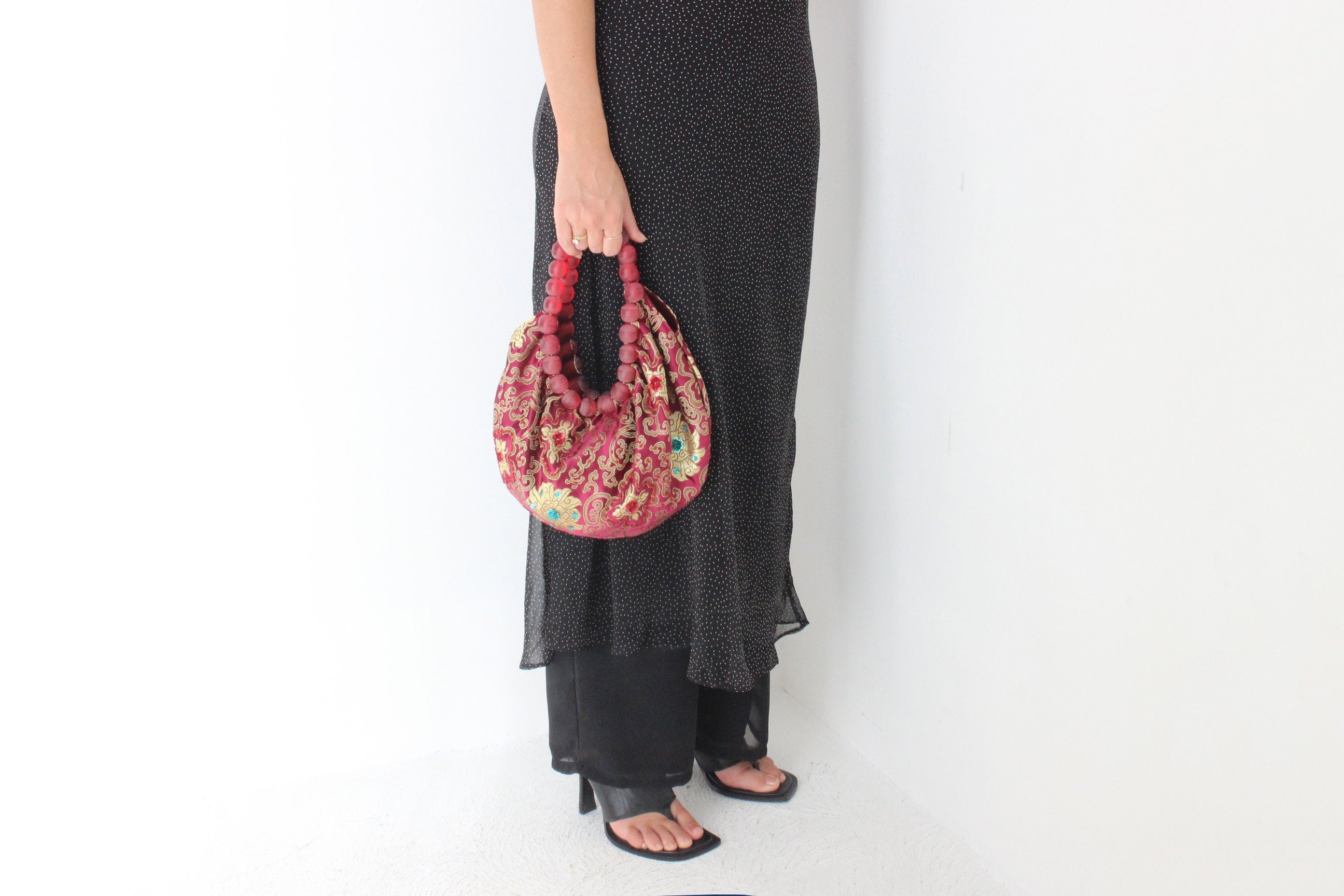 Y2K Dragonfly Embroidered Satin & Beaded Handle Bag