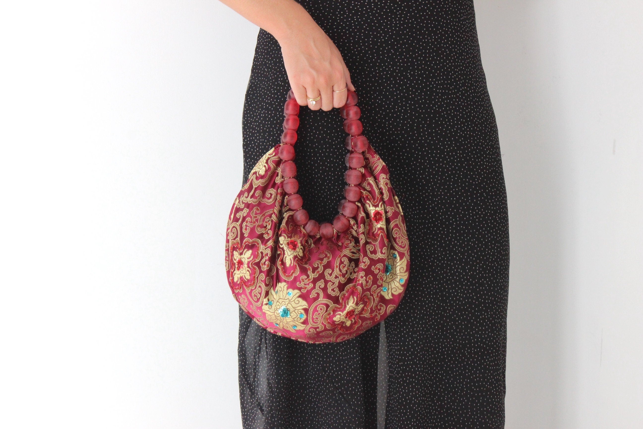 Y2K Dragonfly Embroidered Satin & Beaded Handle Bag