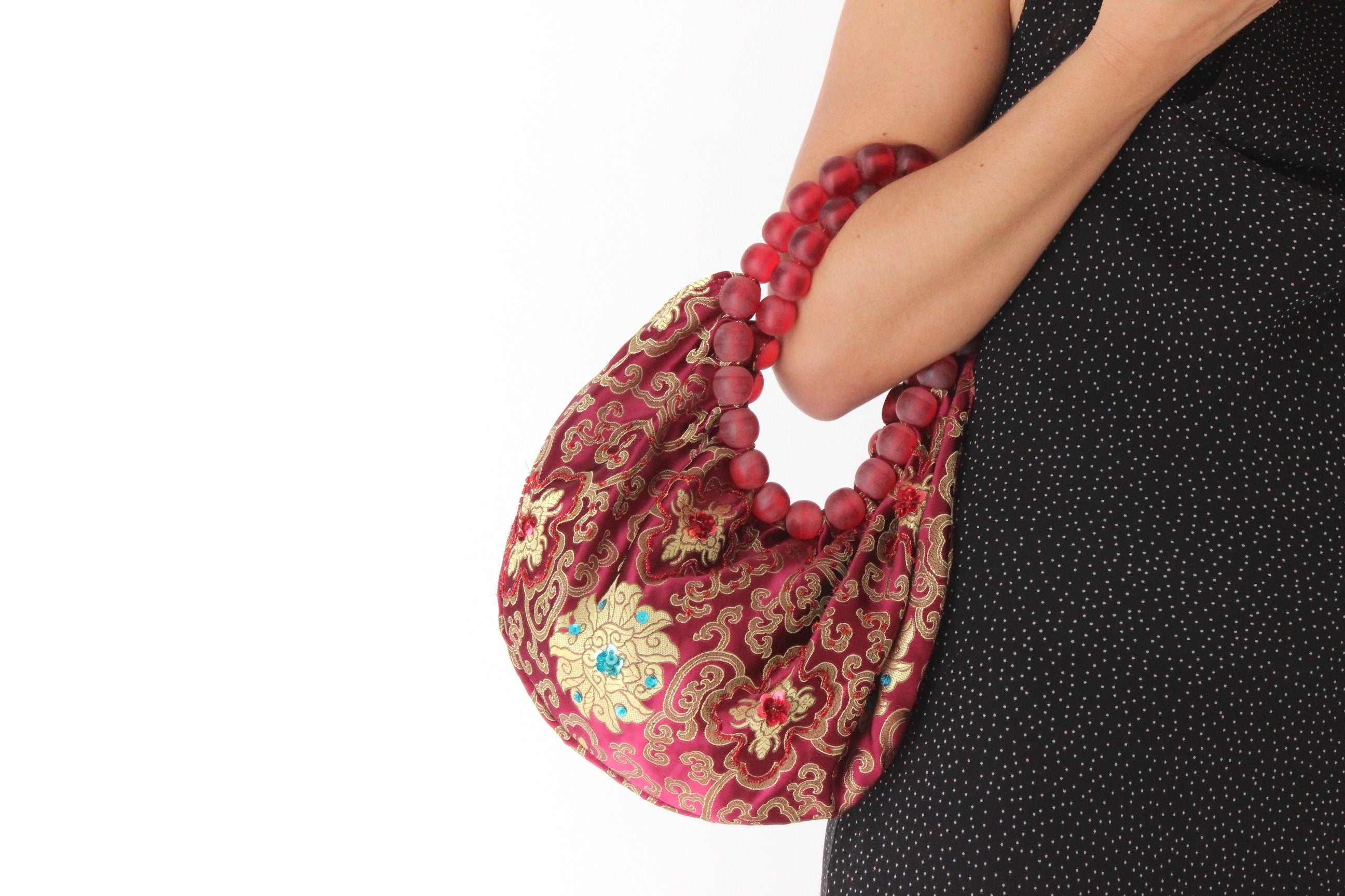 Y2K Dragonfly Embroidered Satin & Beaded Handle Bag