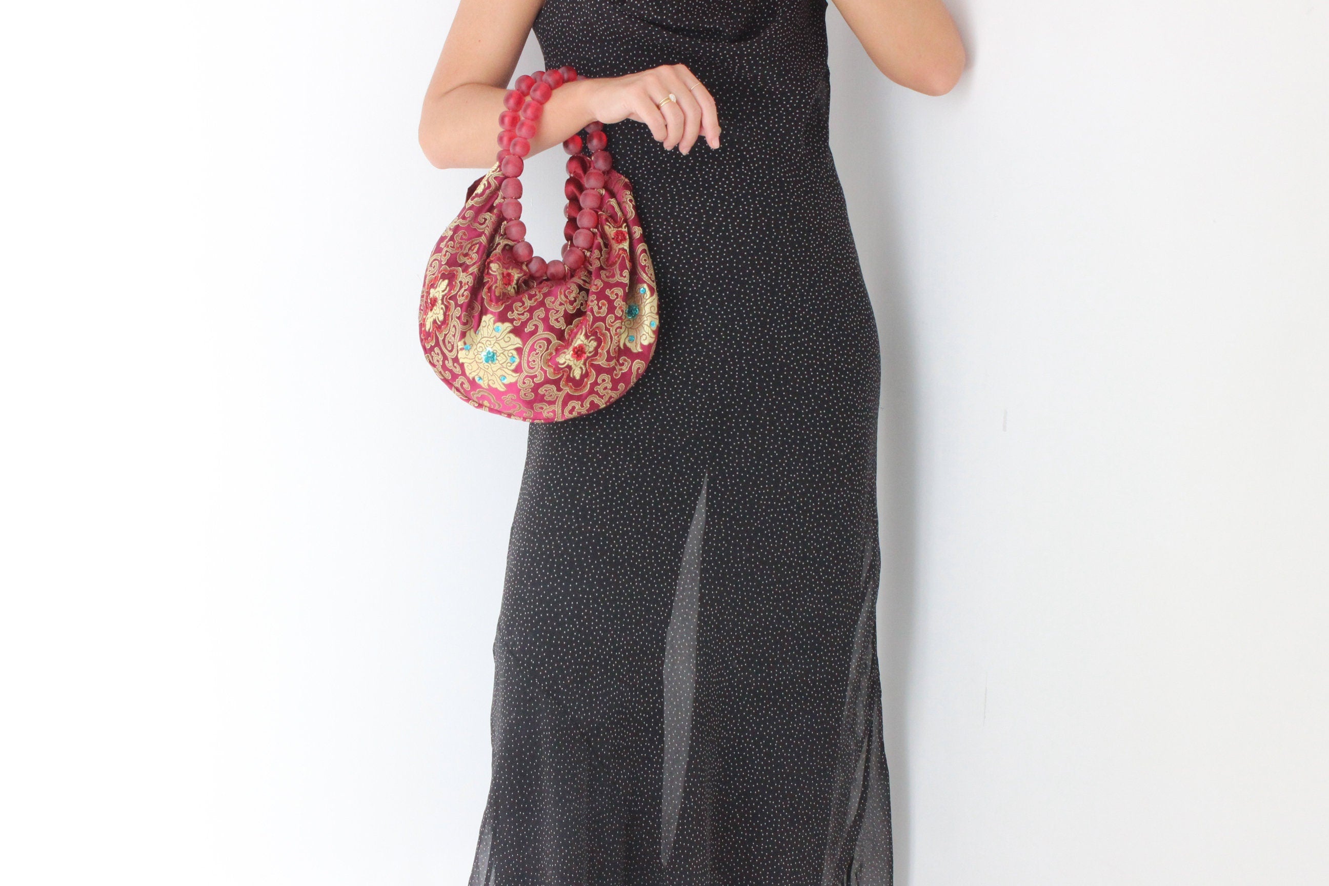 Y2K Dragonfly Embroidered Satin & Beaded Handle Bag