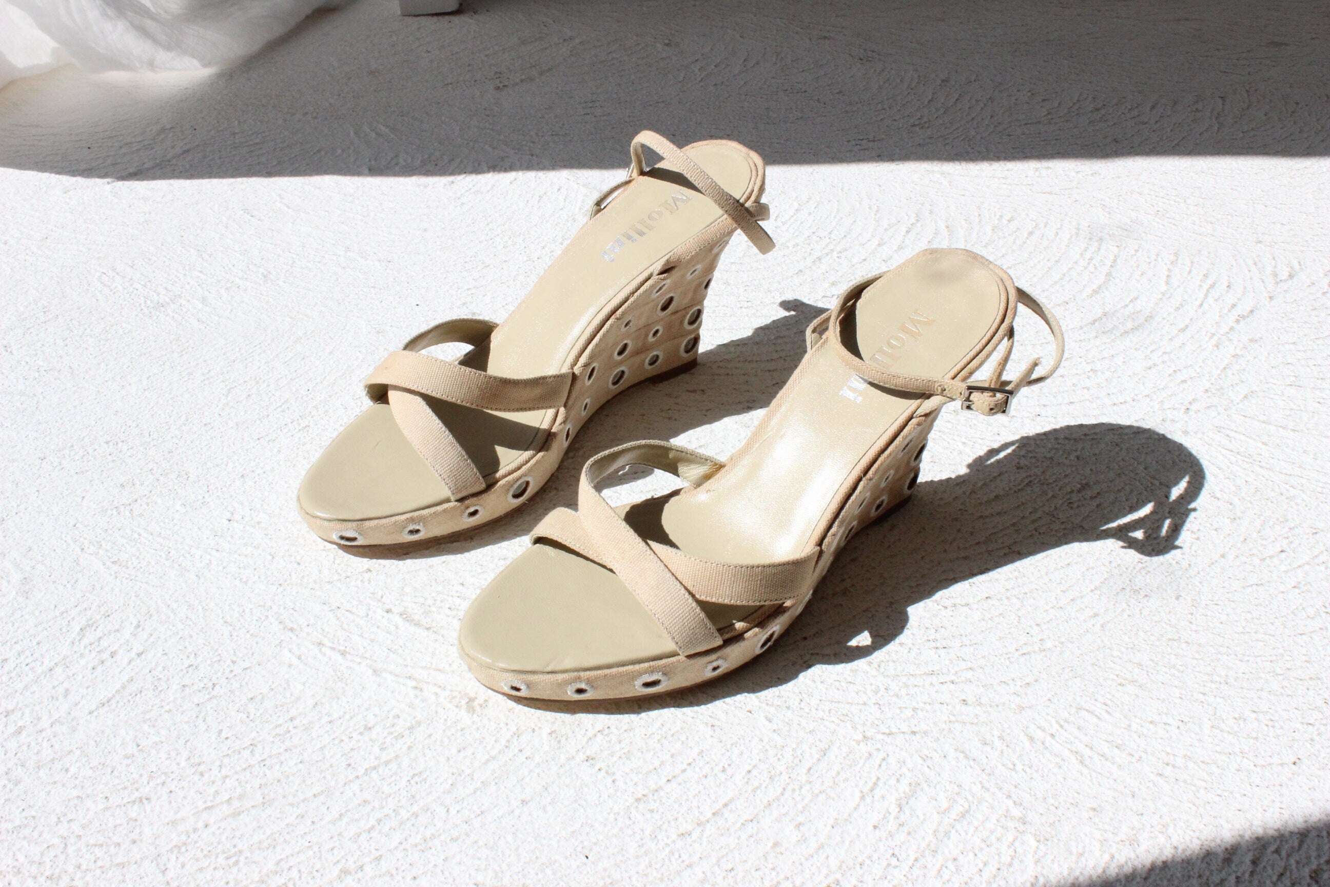 Y2K Mollini Canvas & Mirror Embellished Espadrille Wedges ~ Euro 39