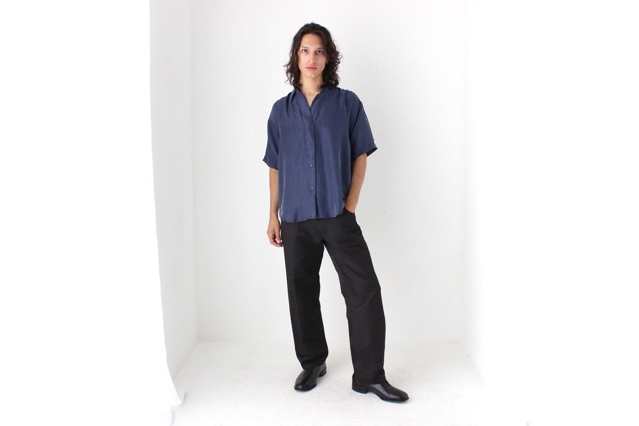 80s Matte SILK Boxy Minimal Shirt in Deep Blue