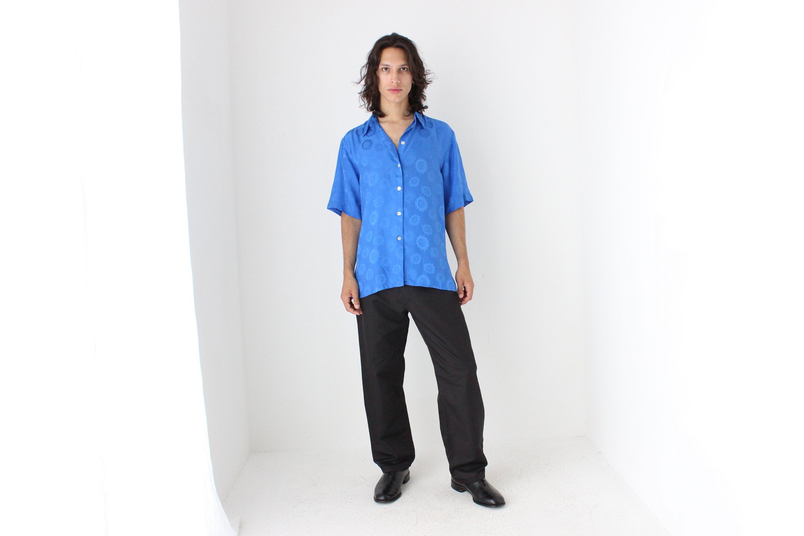 80s PURE SILK Cobalt Blue Medusa & Sun Embossed Boxy Shirt