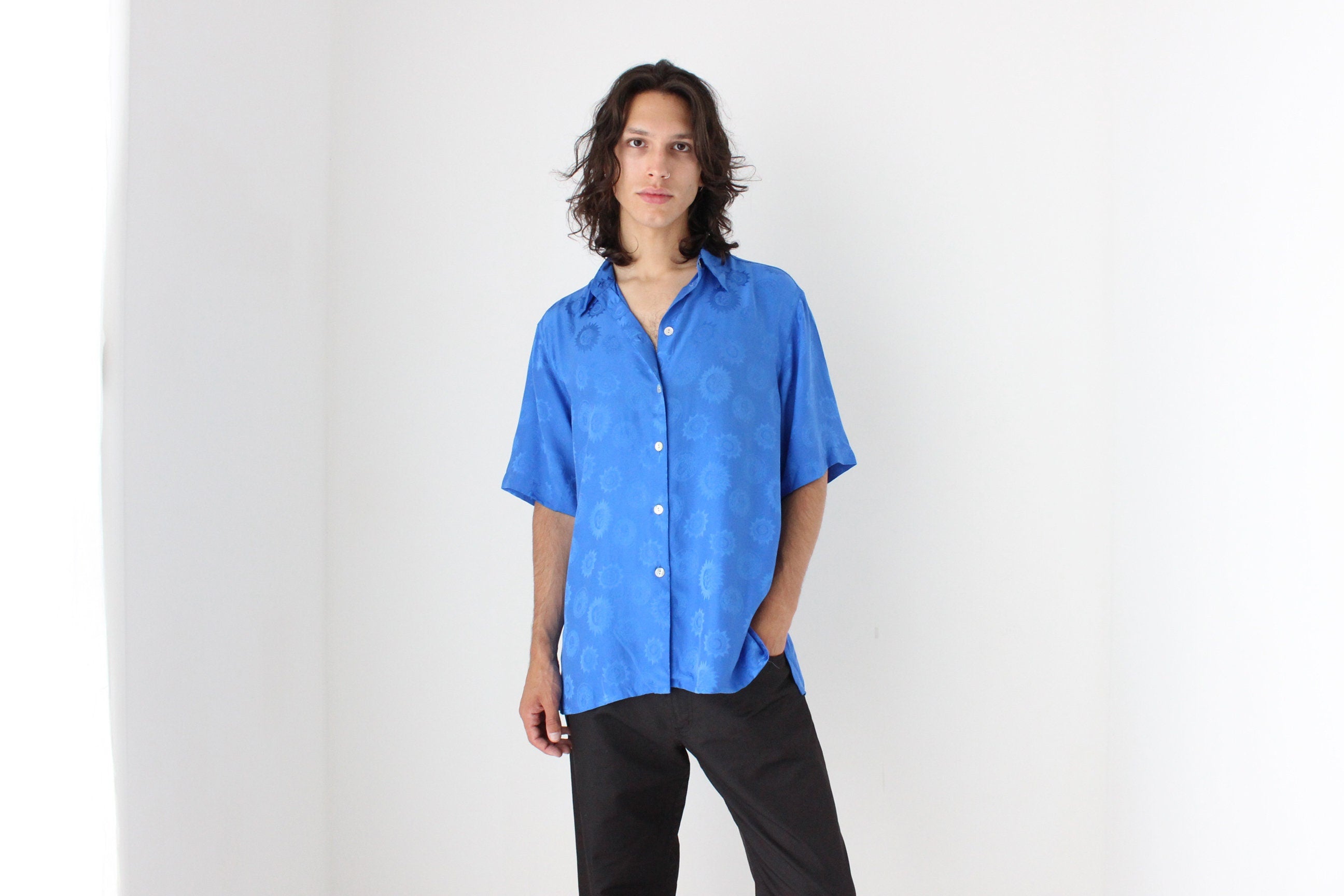80s PURE SILK Cobalt Blue Medusa & Sun Embossed Boxy Shirt