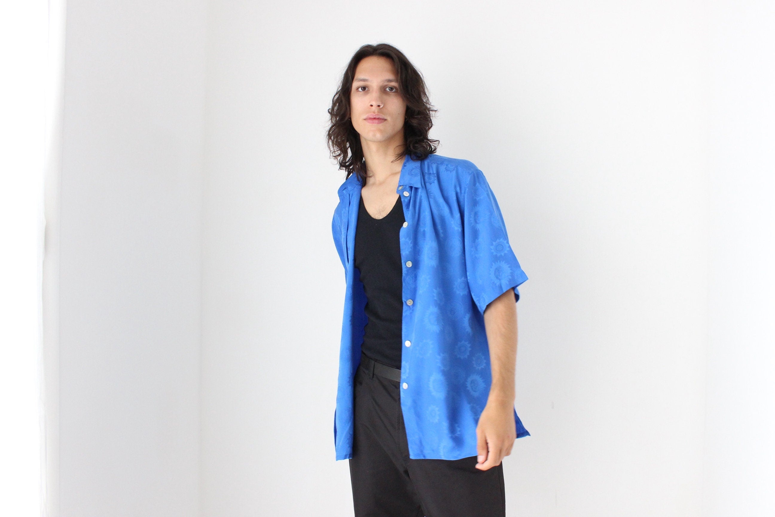 80s PURE SILK Cobalt Blue Medusa & Sun Embossed Boxy Shirt
