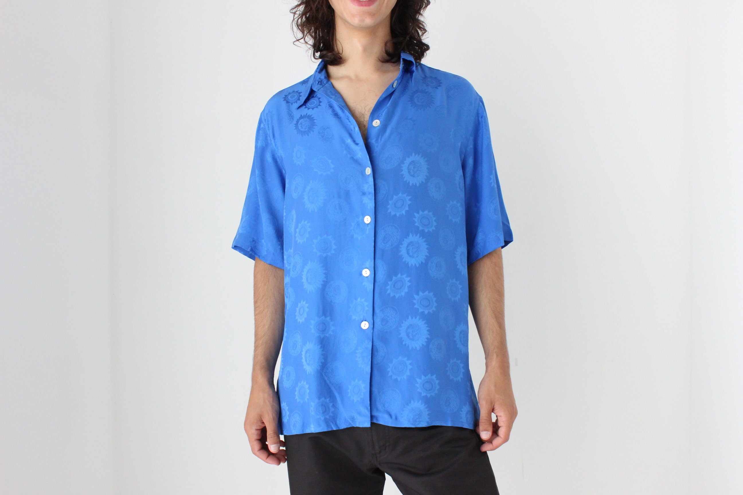 80s PURE SILK Cobalt Blue Medusa & Sun Embossed Boxy Shirt