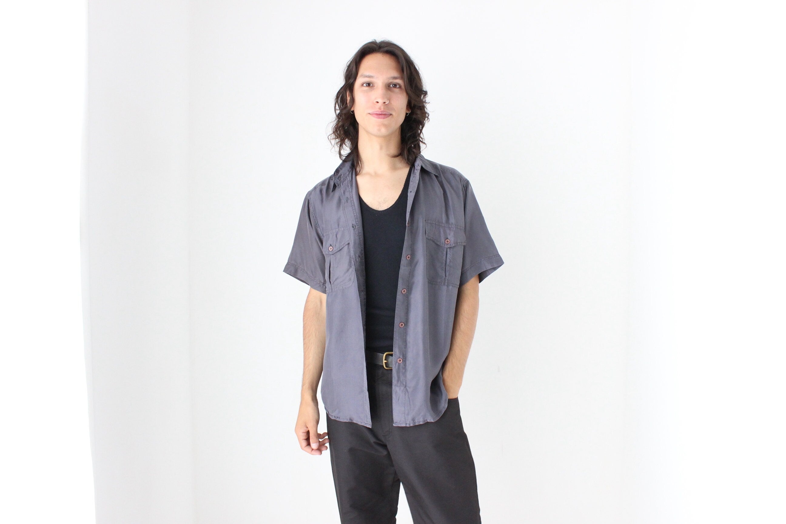 80s MATTE SILK Boxy Double Pocket Shirt in Neutral Grey