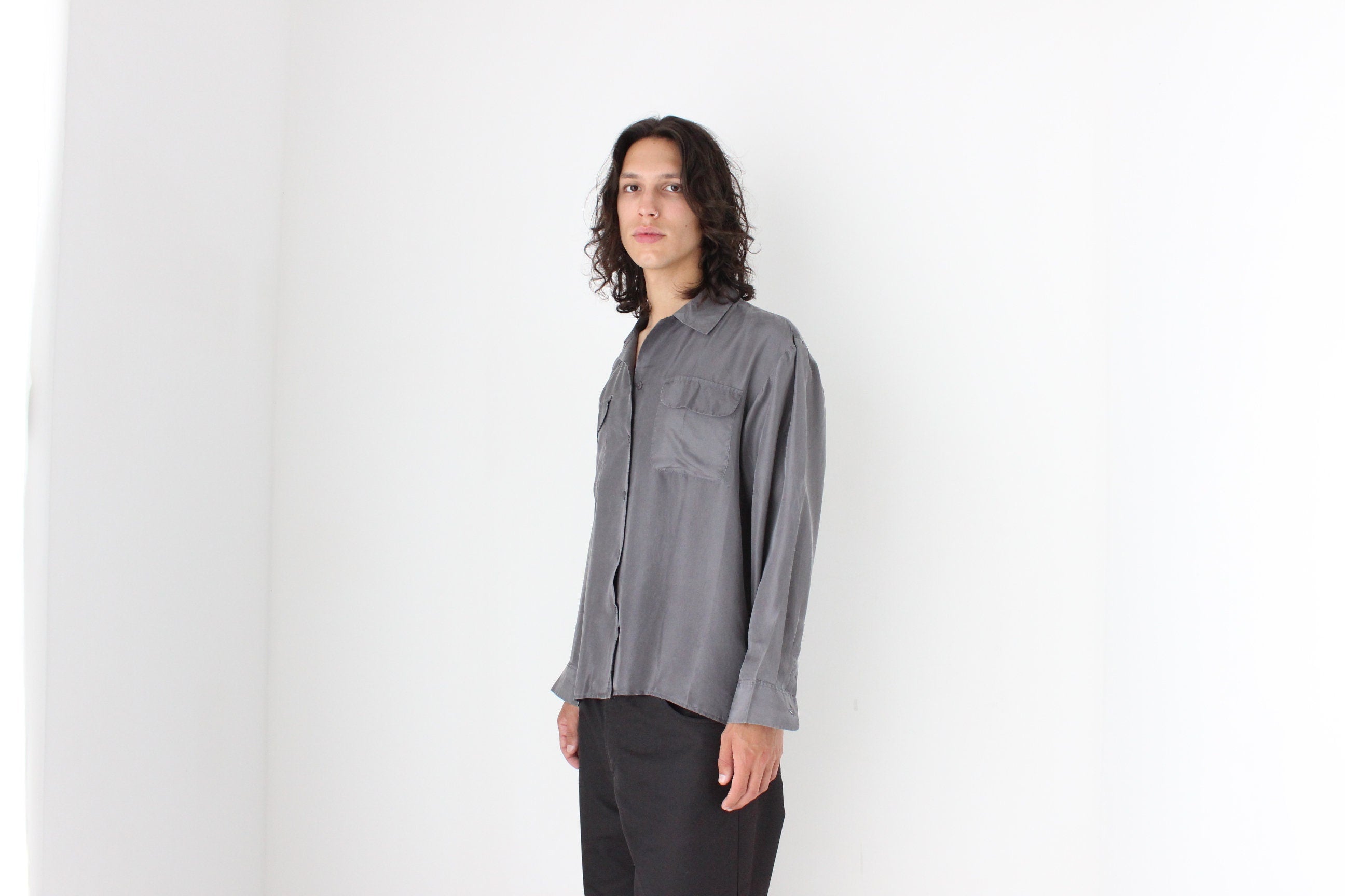 80s PURE SILK Double Pocket Long Sleeve Shirt in Grey