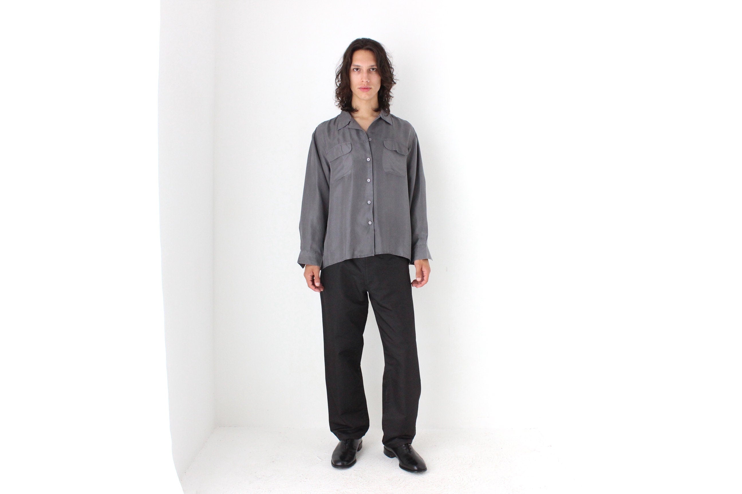 80s PURE SILK Double Pocket Long Sleeve Shirt in Grey