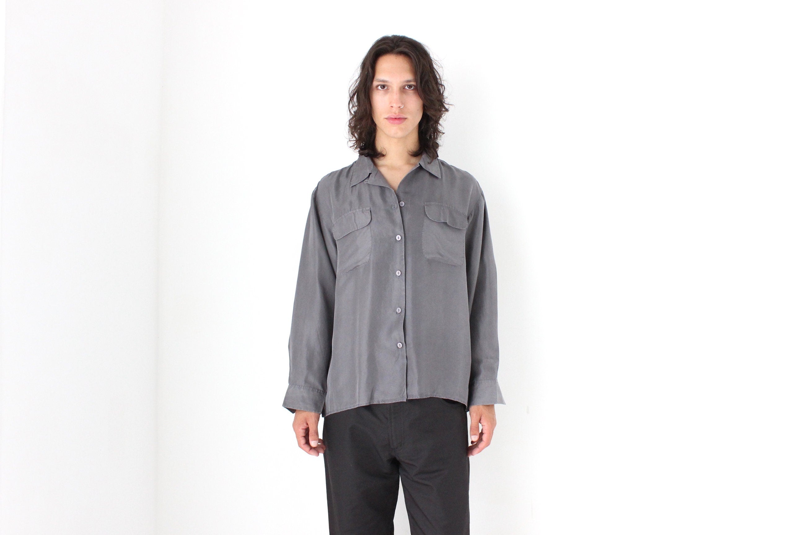 80s PURE SILK Double Pocket Long Sleeve Shirt in Grey