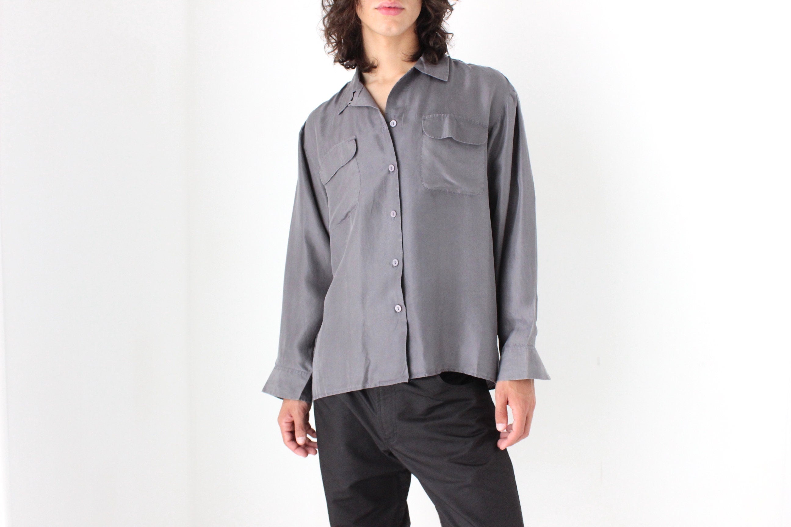 80s PURE SILK Double Pocket Long Sleeve Shirt in Grey