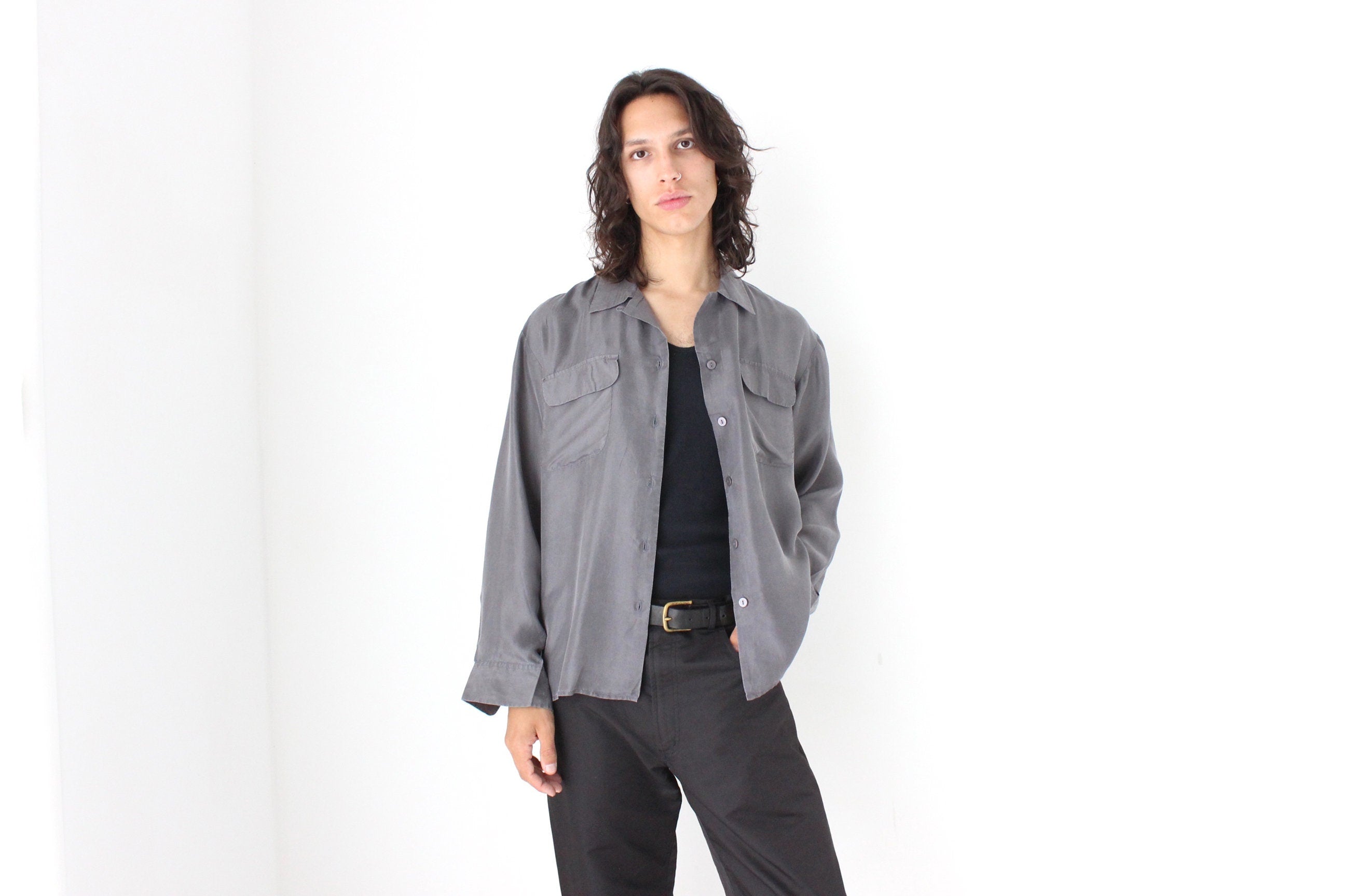 80s PURE SILK Double Pocket Long Sleeve Shirt in Grey