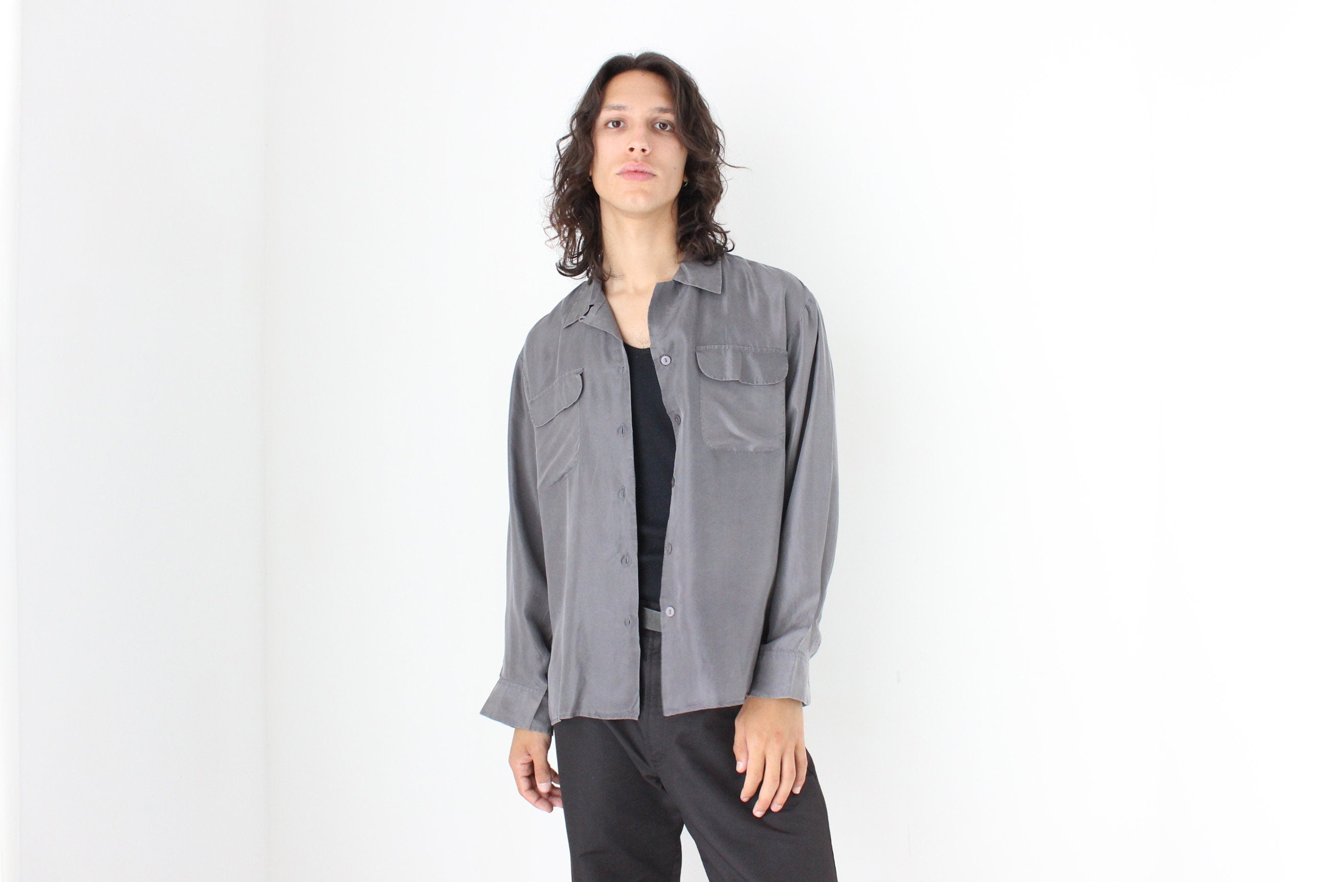 80s PURE SILK Double Pocket Long Sleeve Shirt in Grey