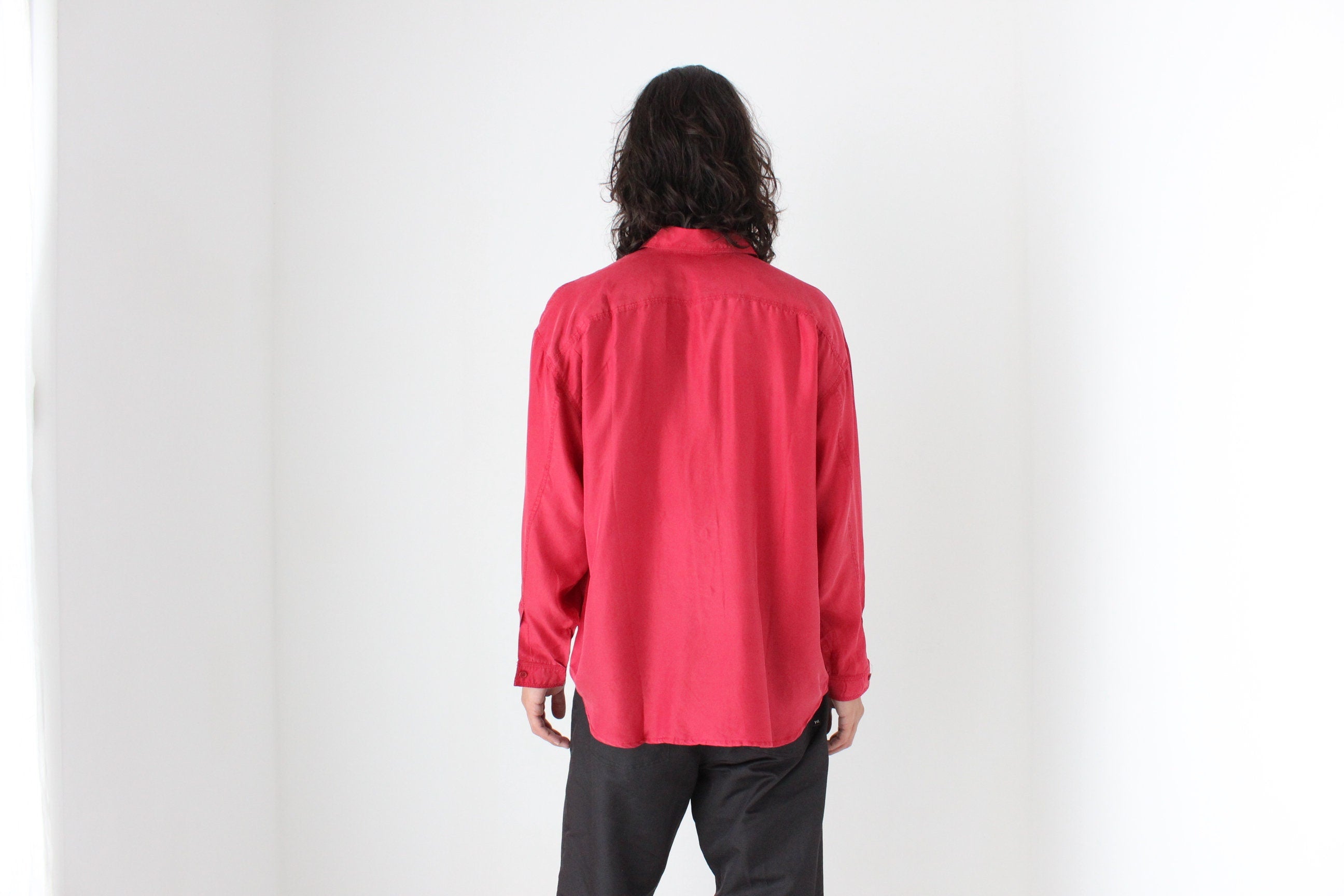 80s PURE SILK Double Pocket Long Sleeve Shirt in Red