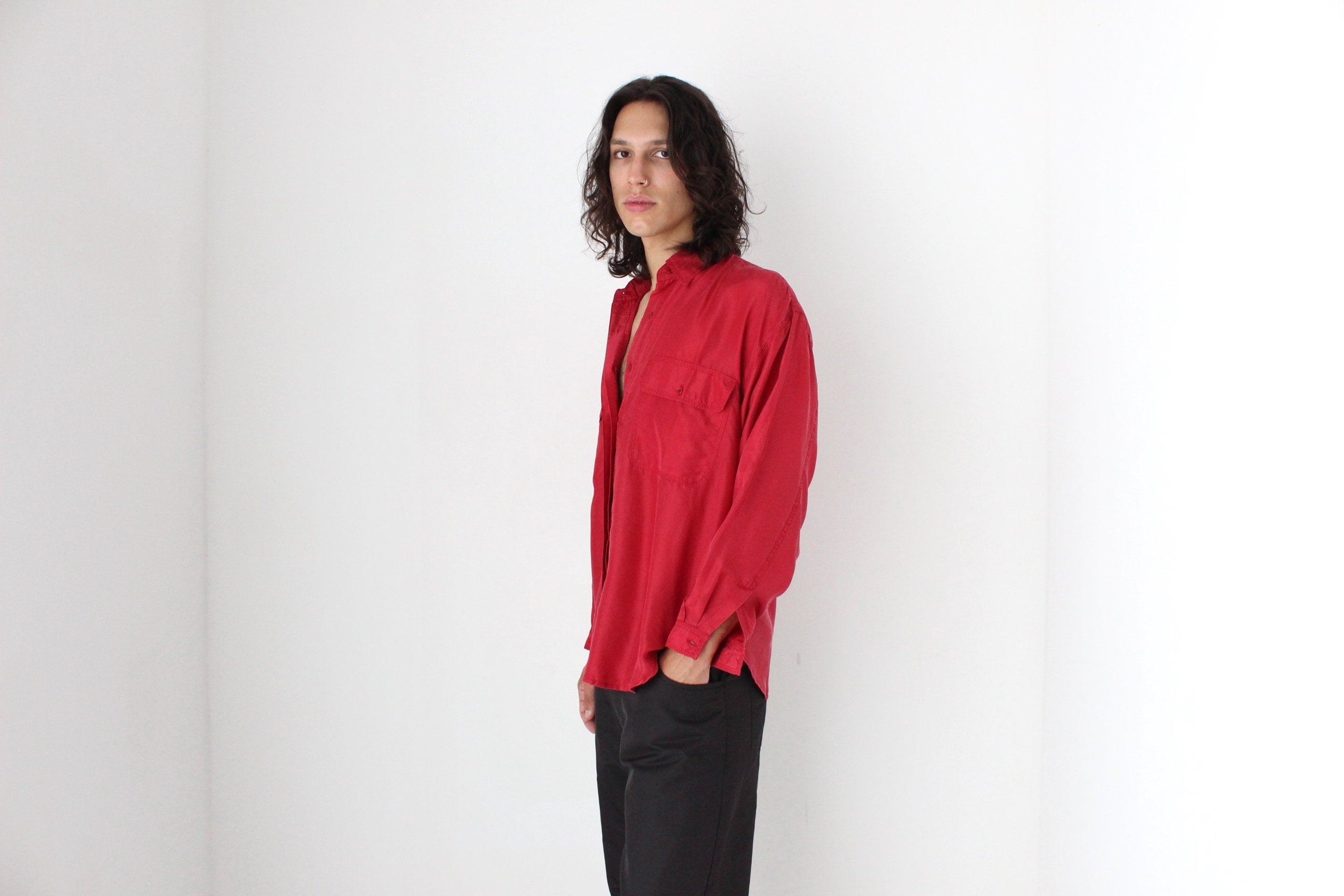 80s PURE SILK Double Pocket Long Sleeve Shirt in Red