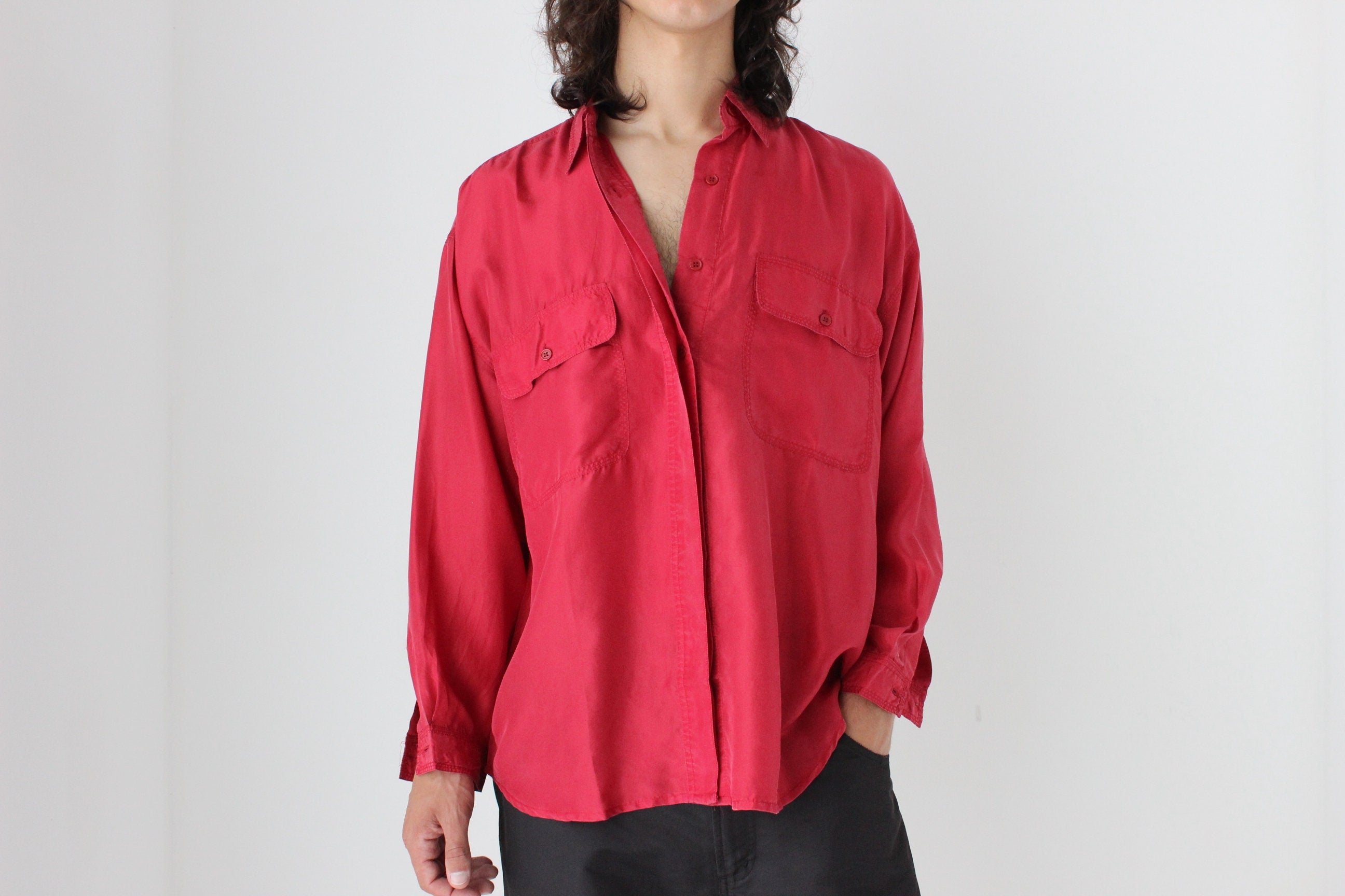 80s PURE SILK Double Pocket Long Sleeve Shirt in Red