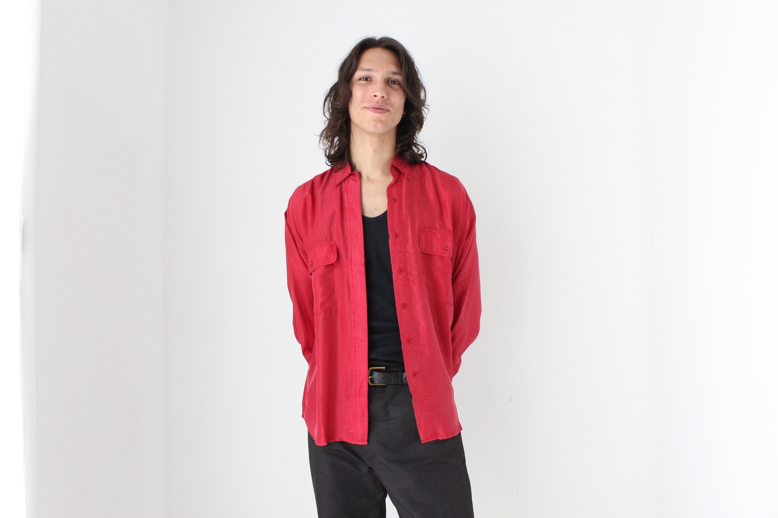 80s PURE SILK Double Pocket Long Sleeve Shirt in Red