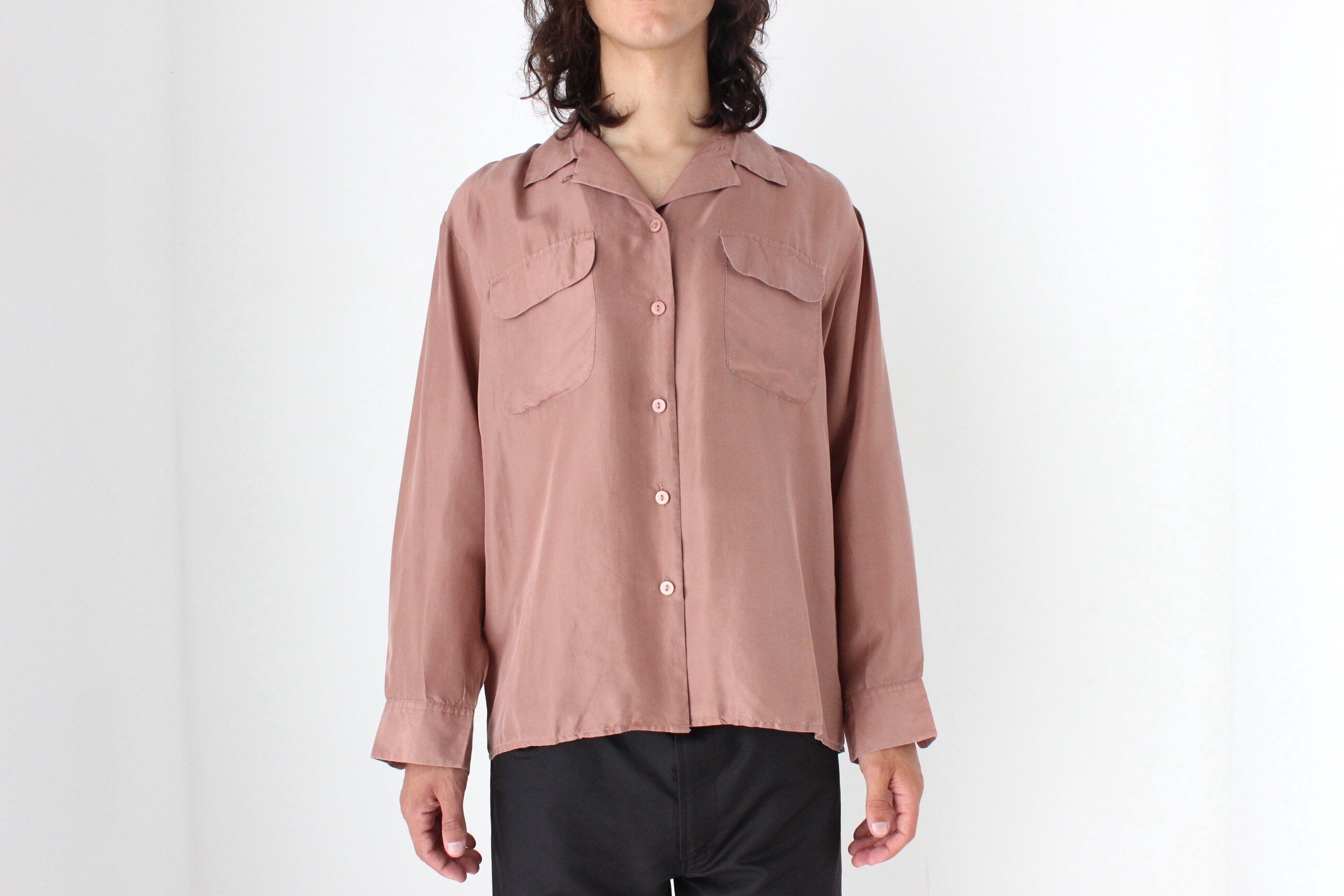 80s PURE SILK Double Pocket Long Sleeve Shirt in Mauve