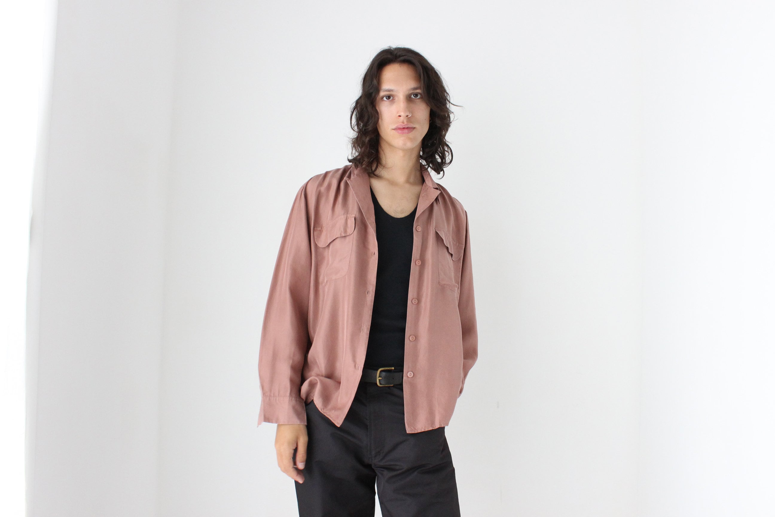 80s PURE SILK Double Pocket Long Sleeve Shirt in Mauve
