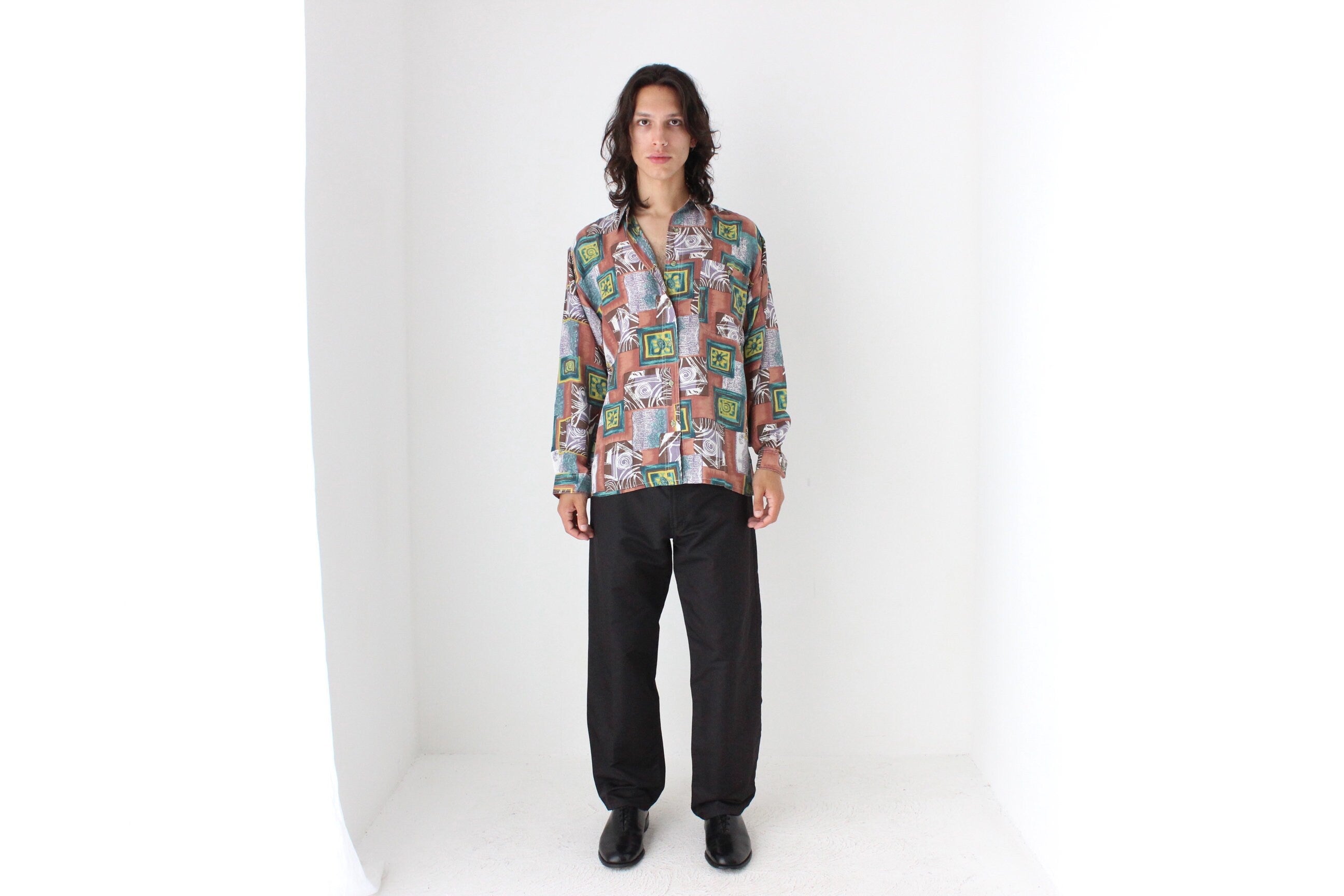 80s PURE SILK Funky Printed Long Sleeve Shirt