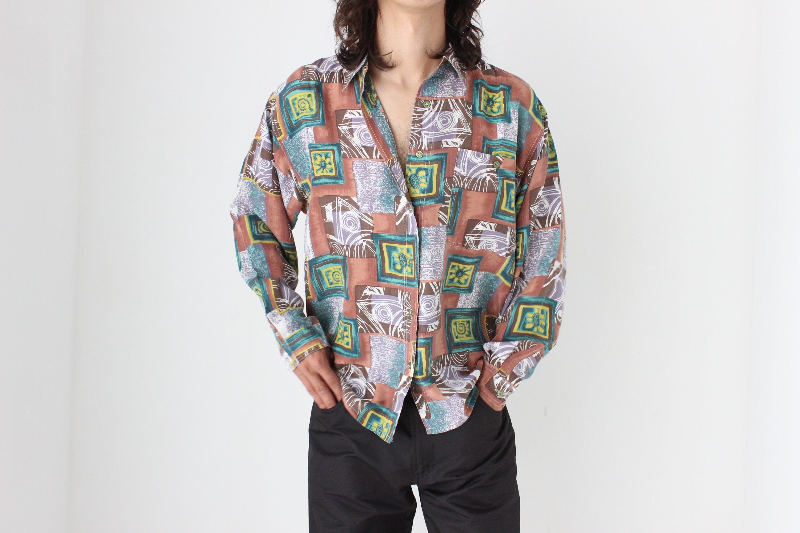 80s PURE SILK Funky Printed Long Sleeve Shirt