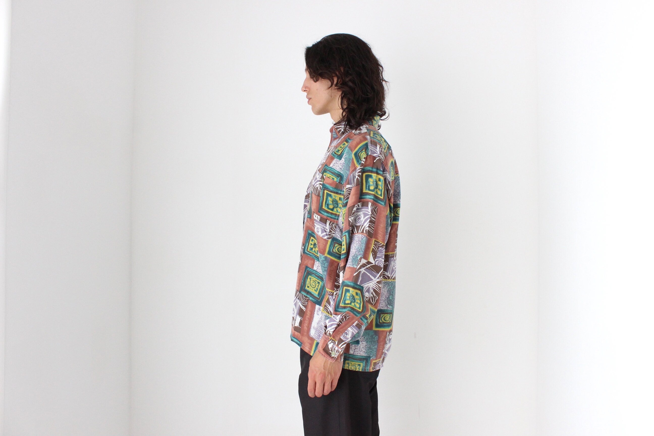80s PURE SILK Funky Printed Long Sleeve Shirt