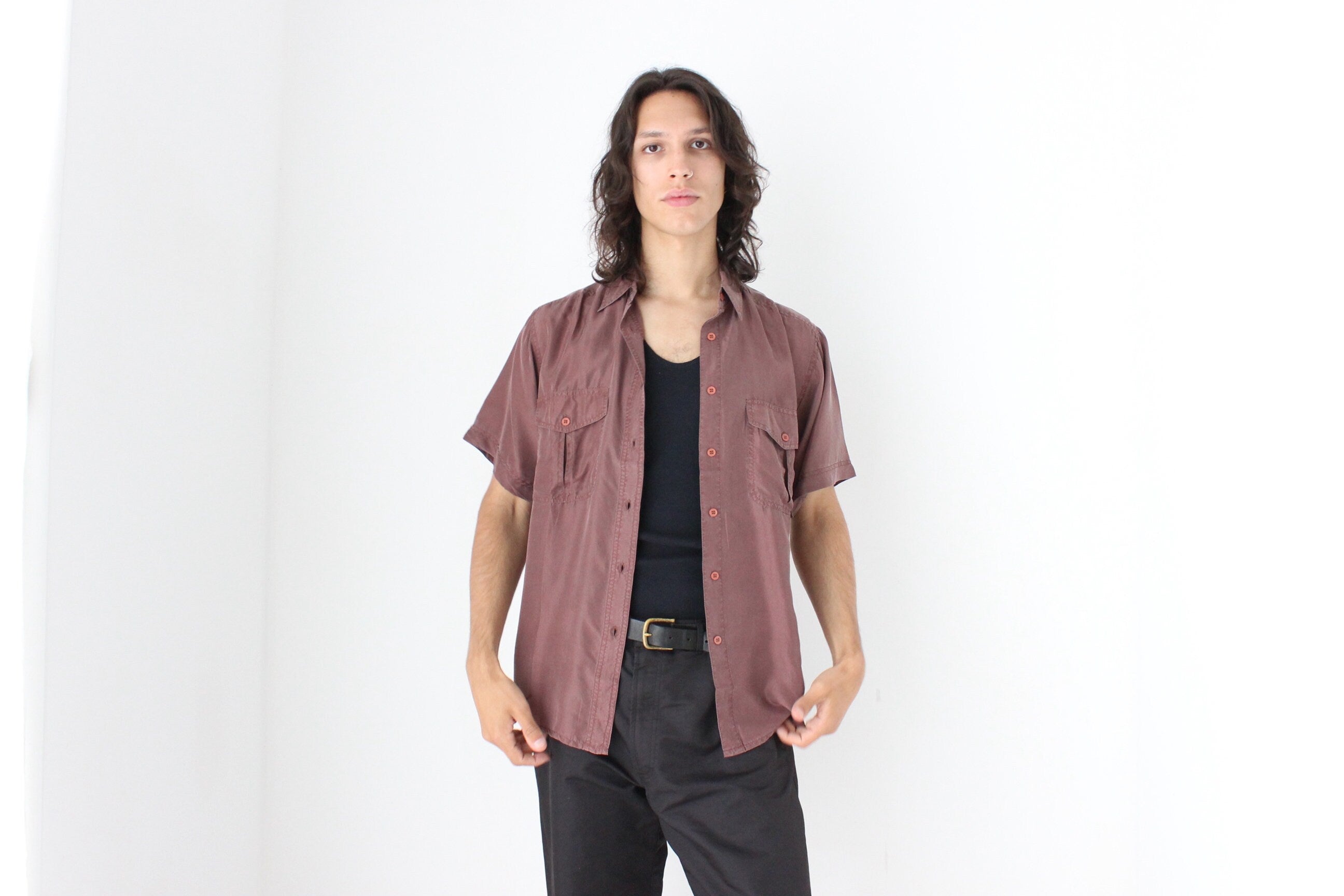 80s MATTE SILK Boxy Double Pocket Shirt in Mauve