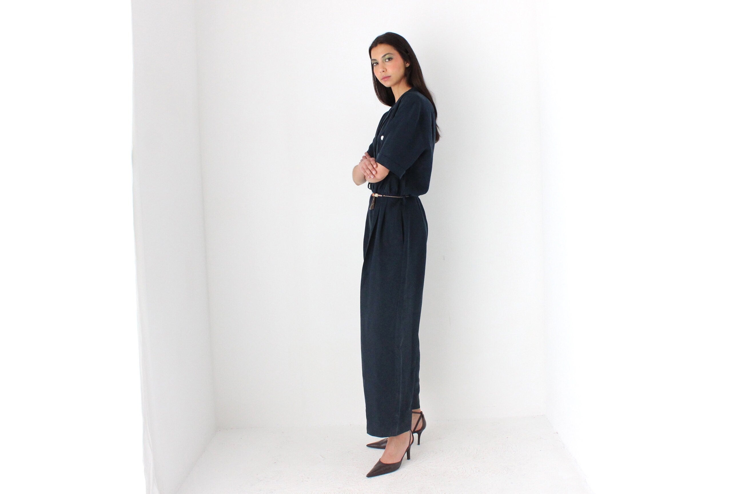 80s Pure Silk Midnight Blue Relaxed Jumpsuit
