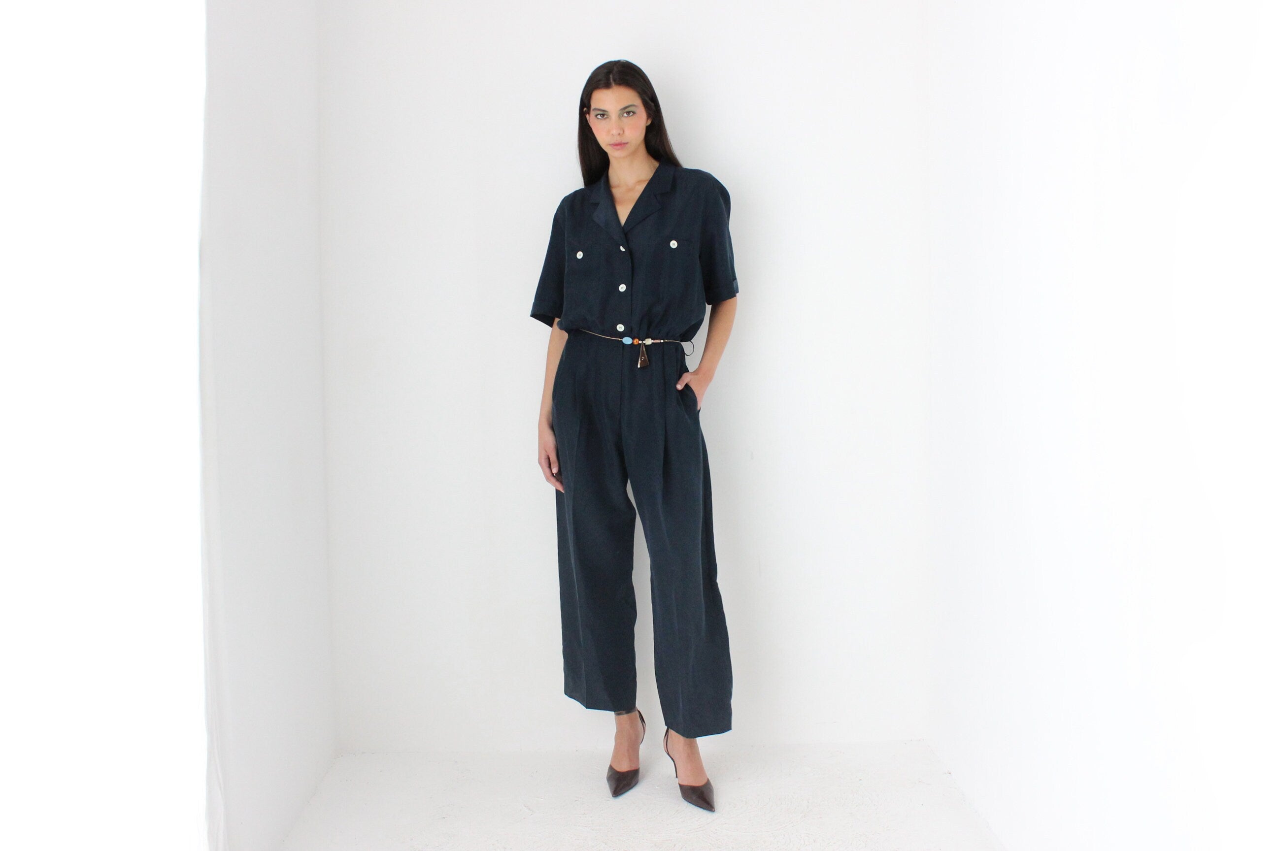 80s Pure Silk Midnight Blue Relaxed Jumpsuit