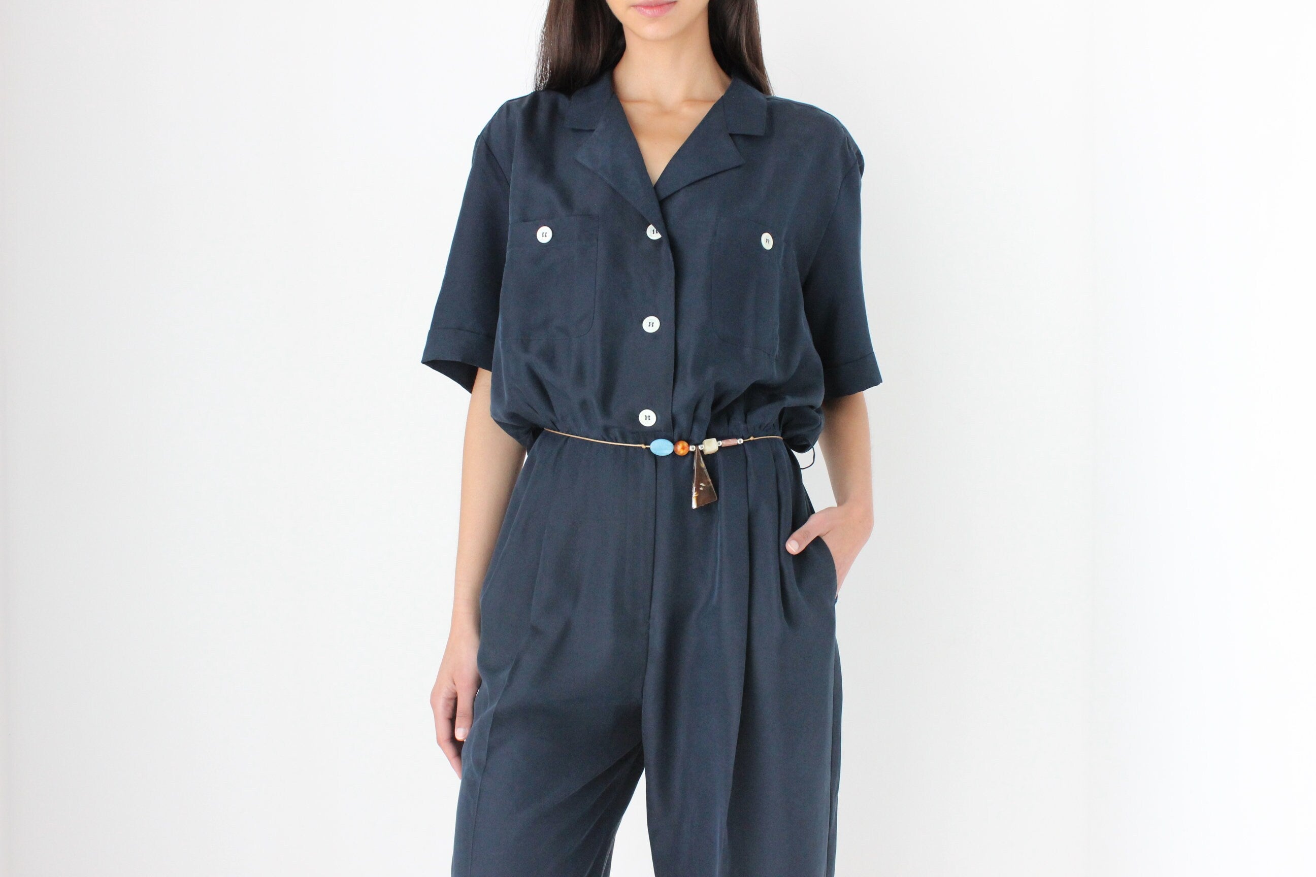 80s Pure Silk Midnight Blue Relaxed Jumpsuit